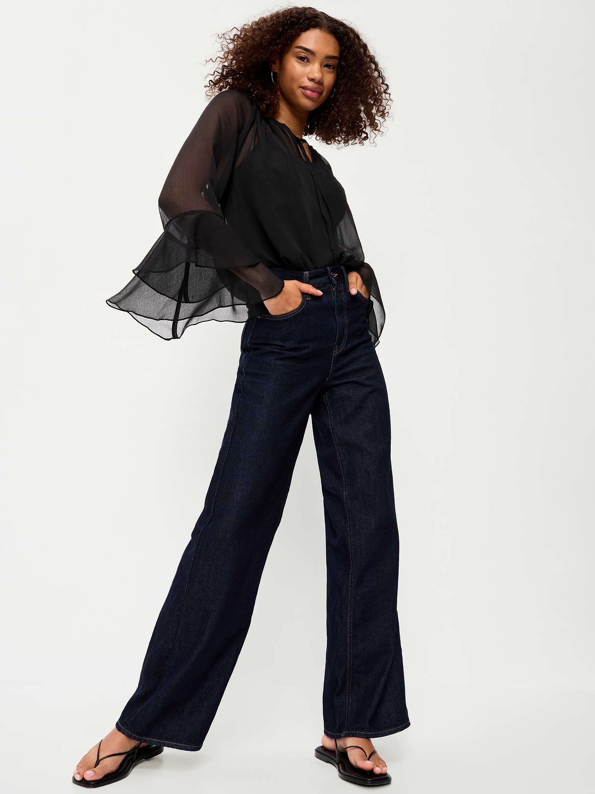 Sheer Chiffon Bell-Sleeve Top - Black Jack