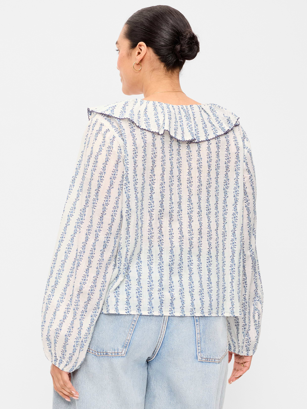 Long-Sleeve Ruffle Tie-Neck Top - White/Blue Floral