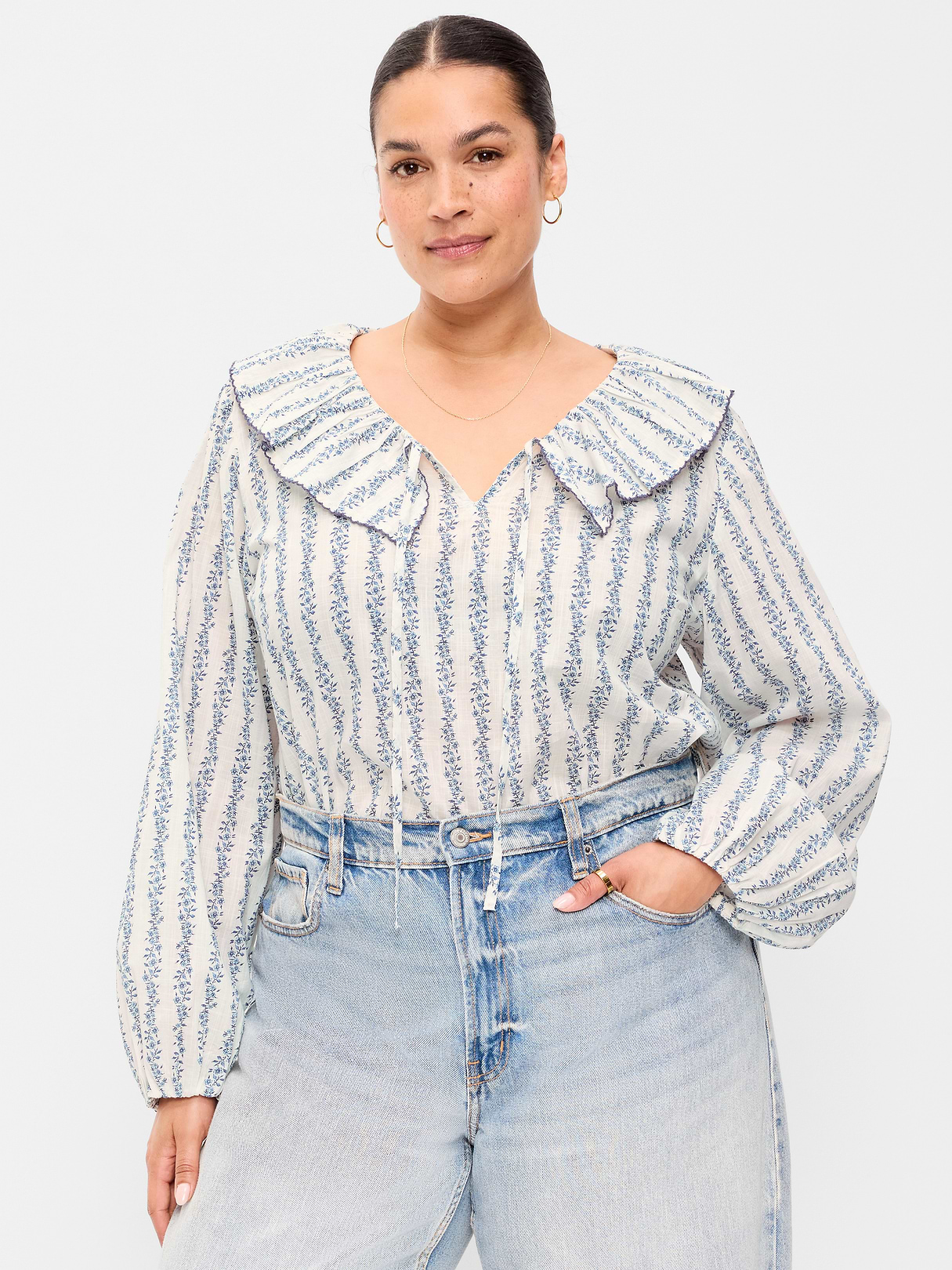 Long-Sleeve Ruffle Tie-Neck Top - White/Blue Floral