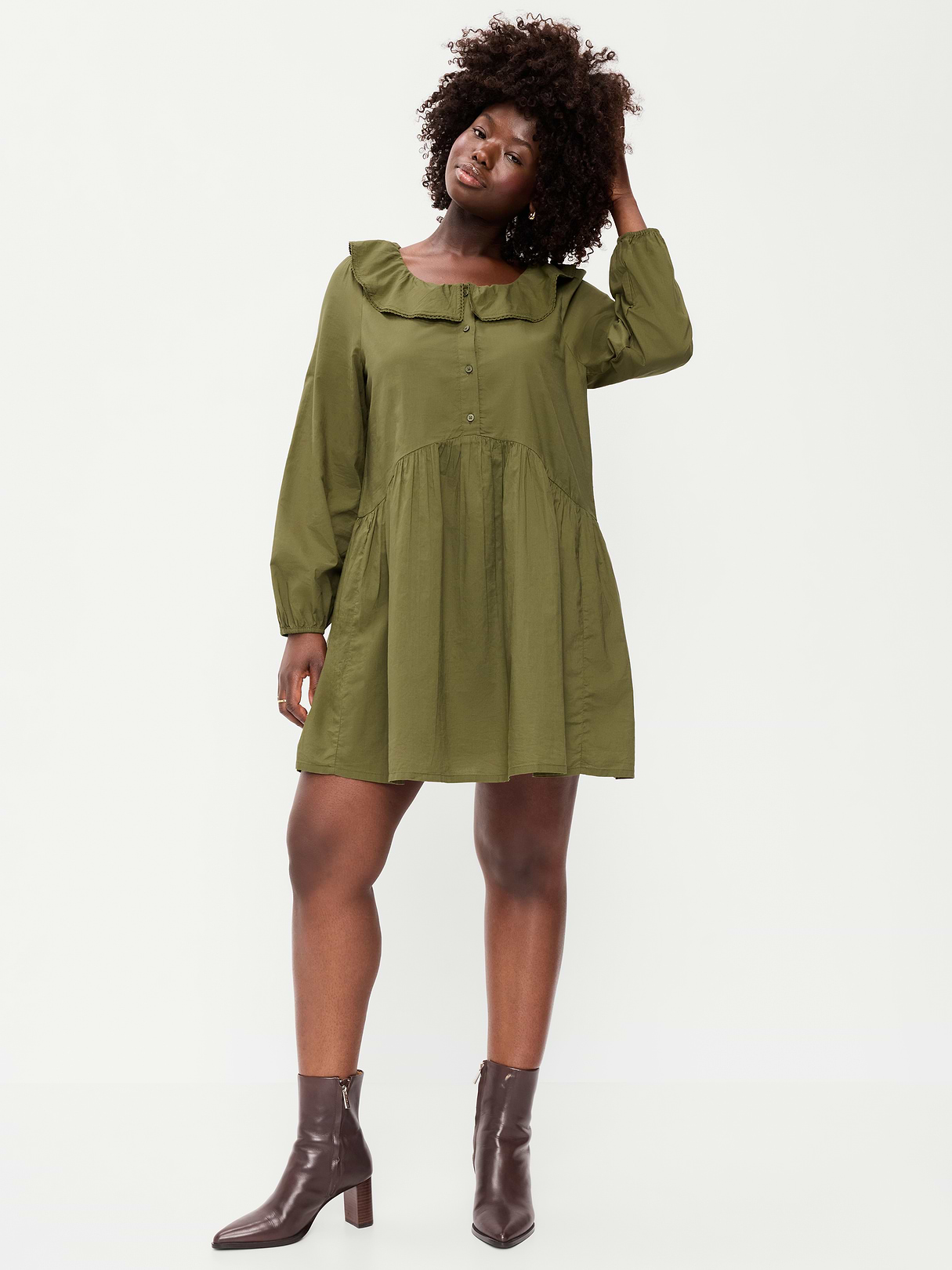 Long-Sleeve Ruffle-Collar Swing Mini Dress - Hearthwood