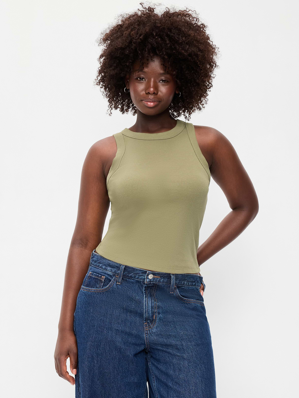 Crop Ribbed Tank Top - Dill Caper