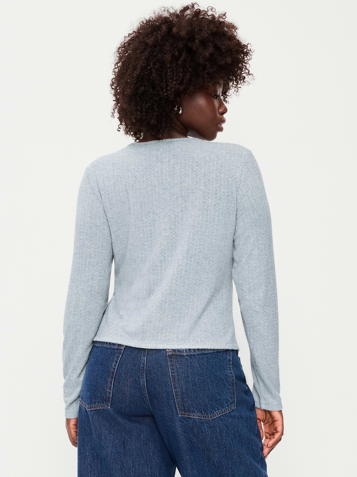 Long-Sleeve Button-Front Cutout Pointelle Top - Medium Heather Gray