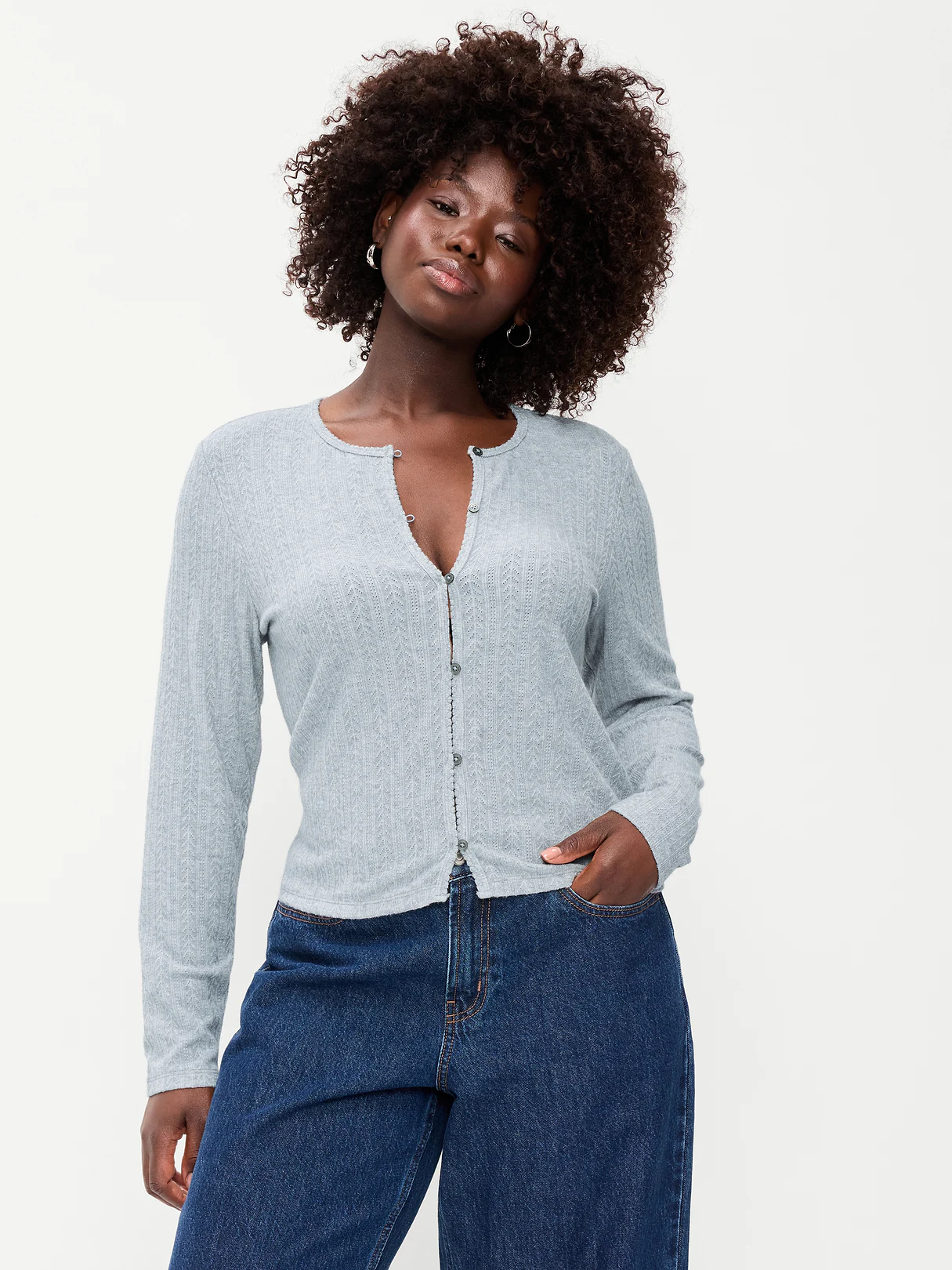 Long-Sleeve Button-Front Cutout Pointelle Top - Medium Heather Gray