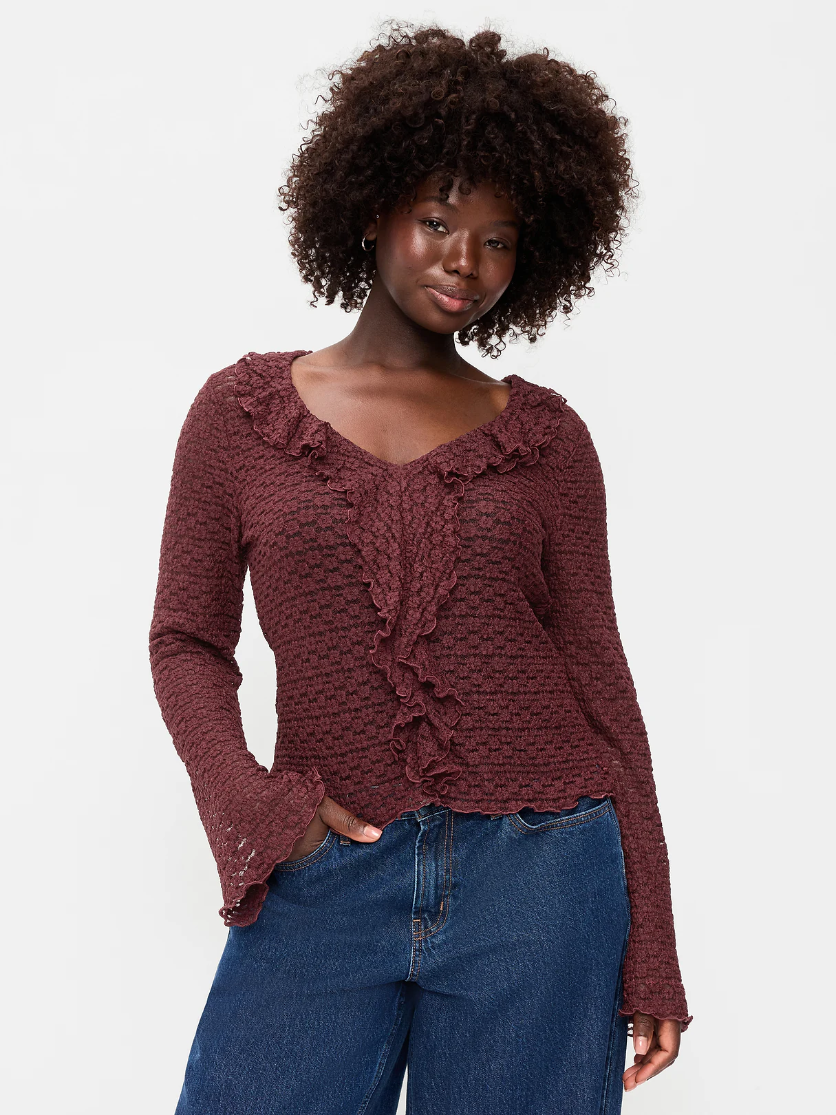 Fitted Bell-Sleeve Ruffle Top - Reddy Or Not