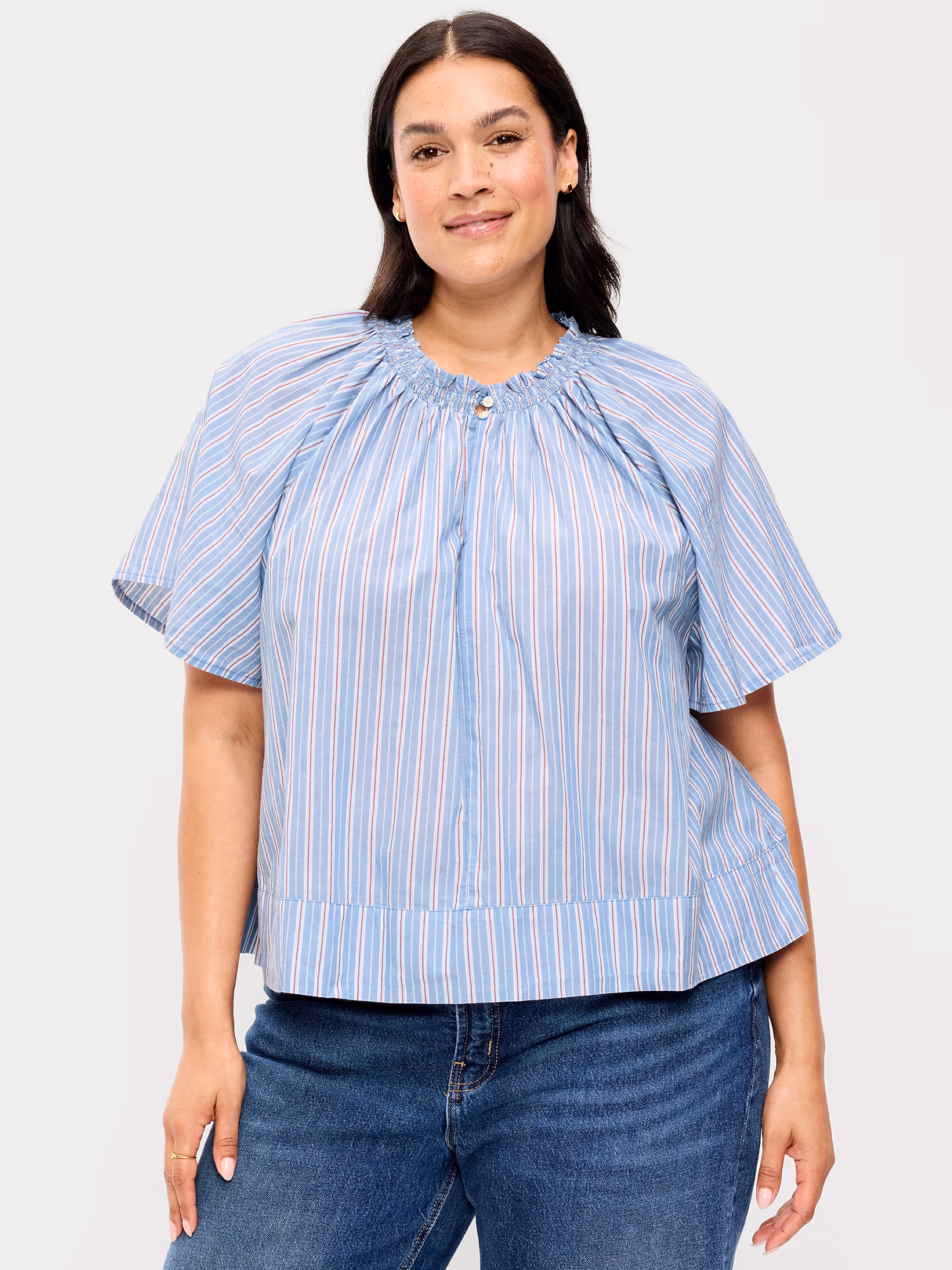 Loose Short-Sleeve Striped Top - Blue Stripe