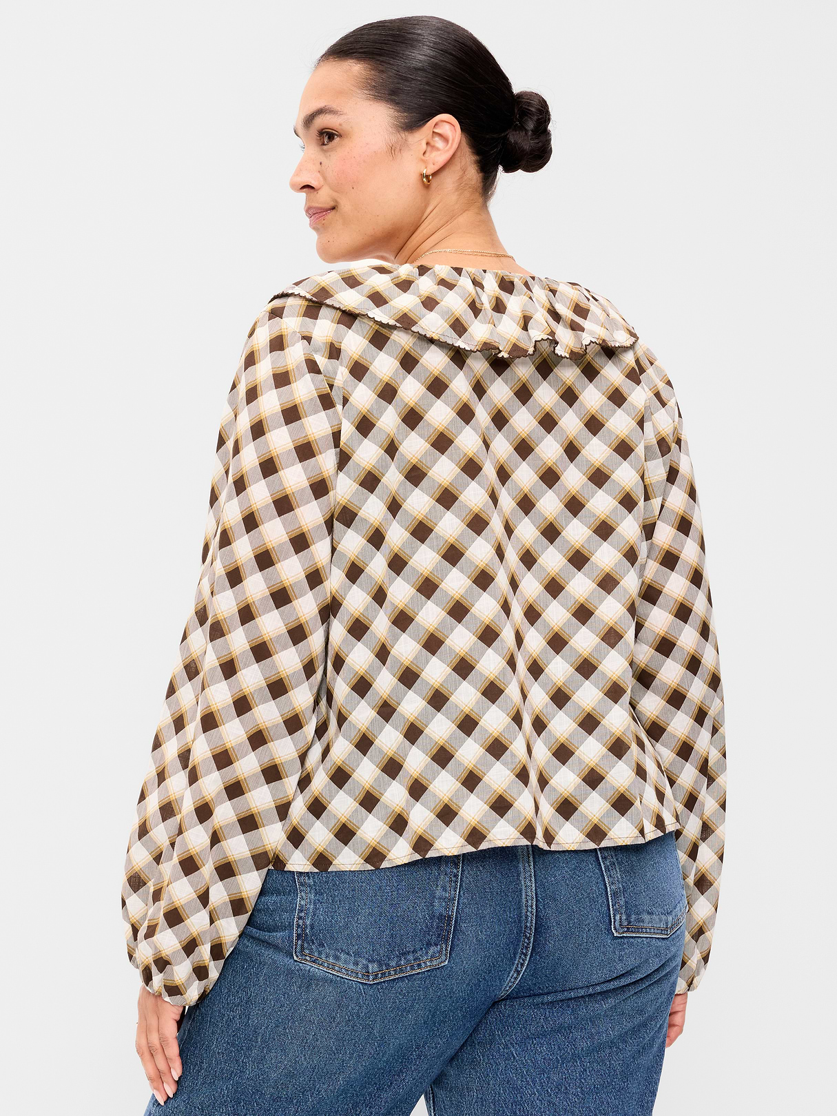 Long-Sleeve Ruffle Tie-Neck Top - Brown Plaid