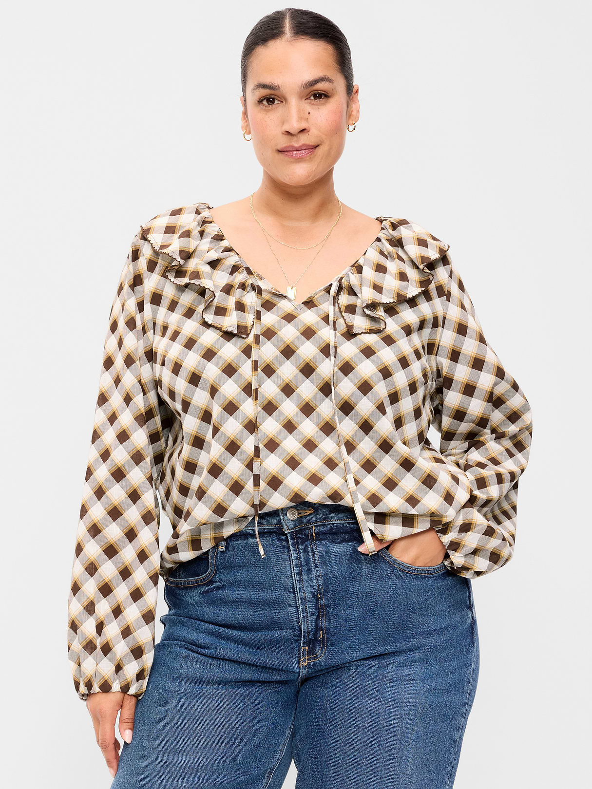 Long-Sleeve Ruffle Tie-Neck Top - Brown Plaid