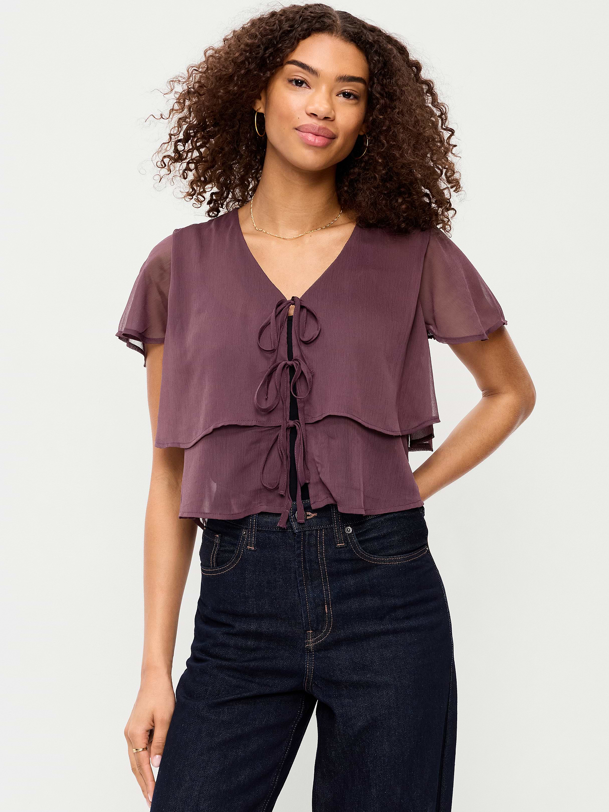 Tiered Ruffle Tie-Front Top - Veil Of Night