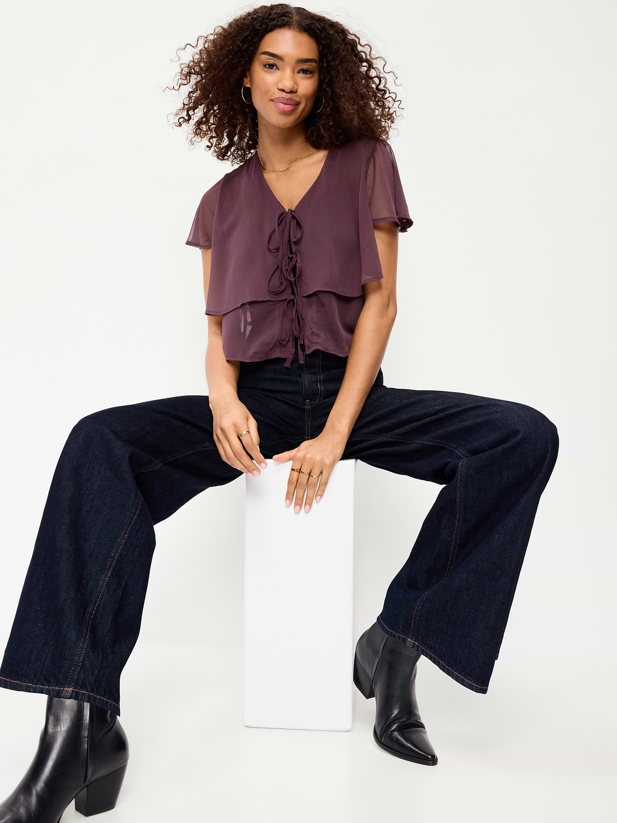 Tiered Ruffle Tie-Front Top - Veil Of Night