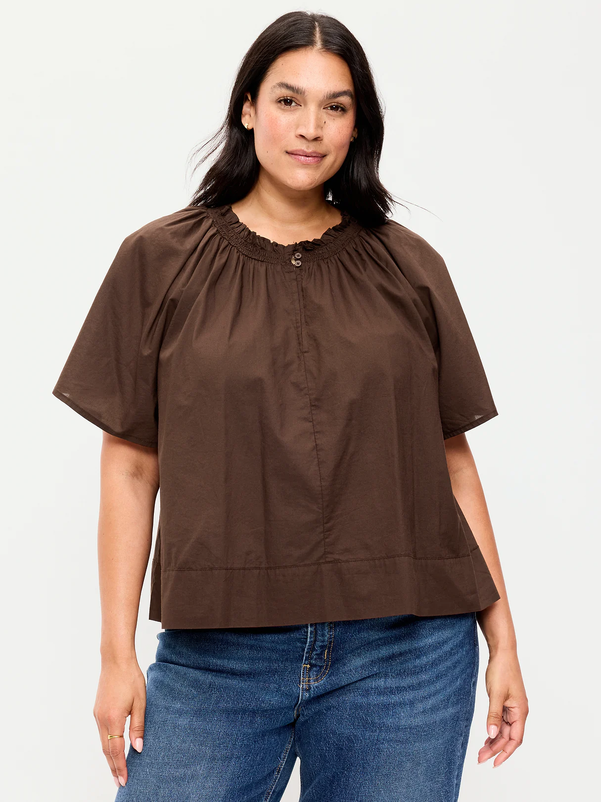 Loose Short-Sleeve Striped Top - Brown