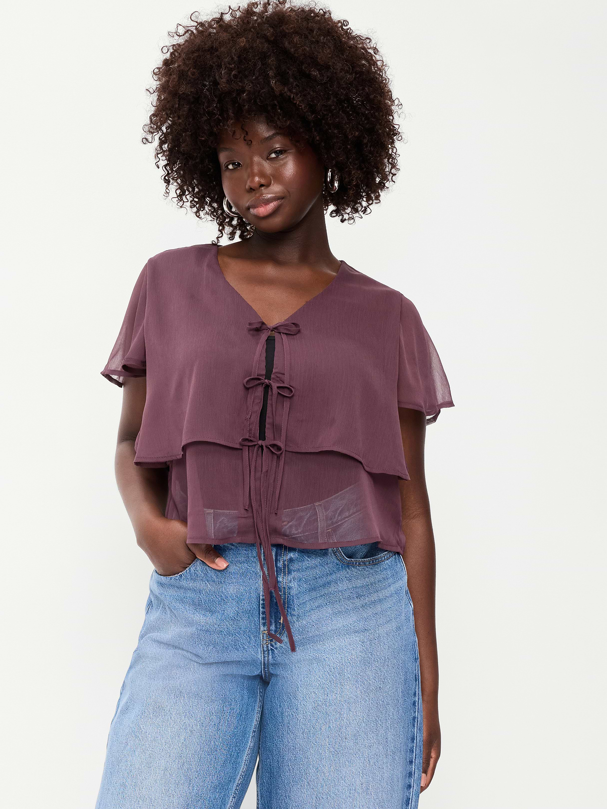 Tiered Ruffle Tie-Front Top - Veil Of Night
