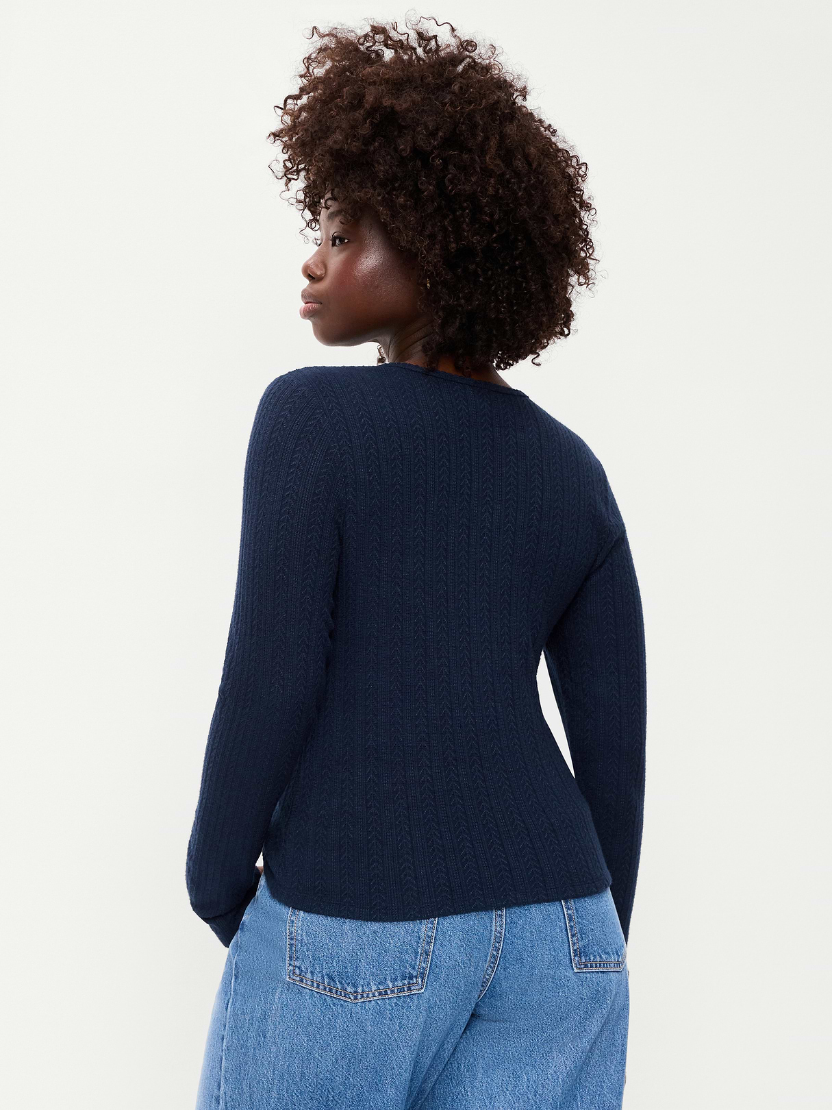 Long-Sleeve Button-Front Cutout Pointelle Top - In the Navy