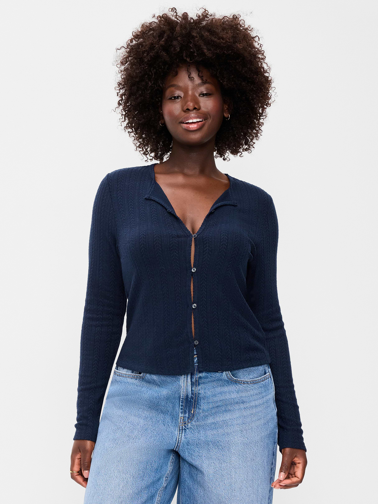 Long-Sleeve Button-Front Cutout Pointelle Top - In the Navy