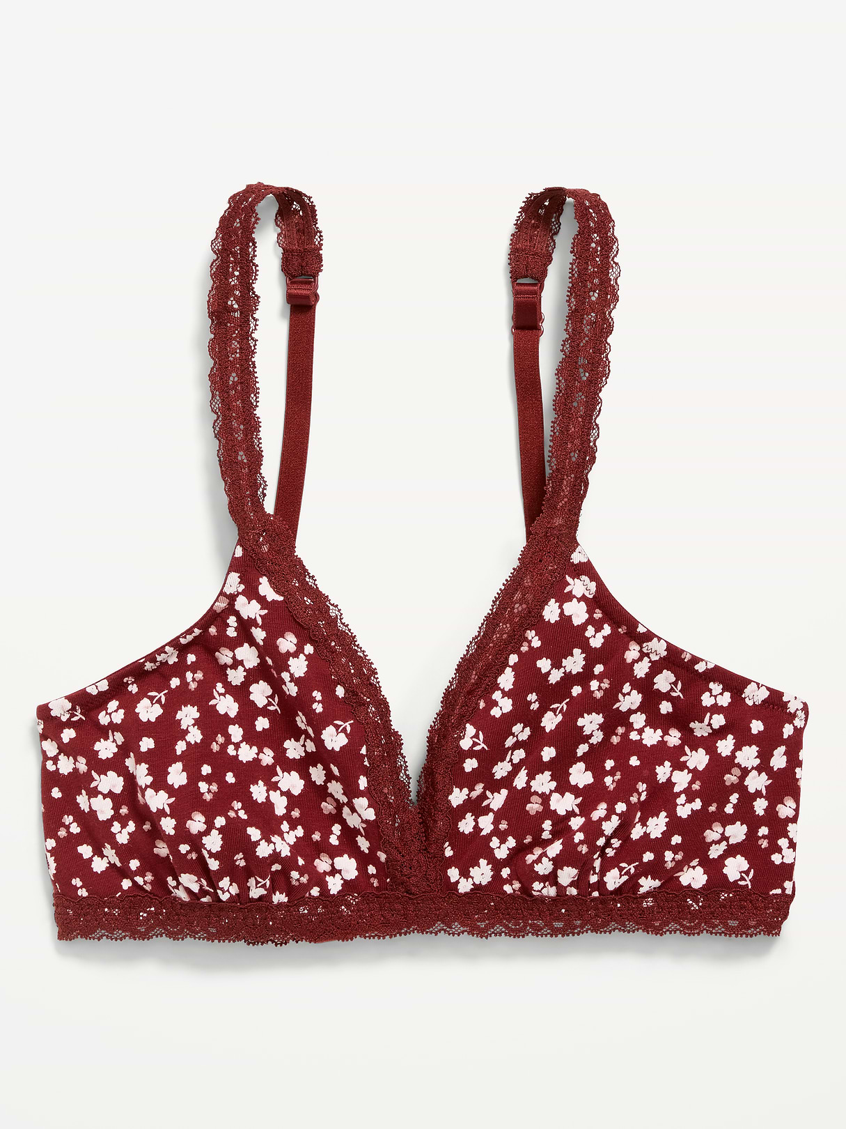 Lace-Trim Cotton Triangle Bralette - Burgundy Floral
