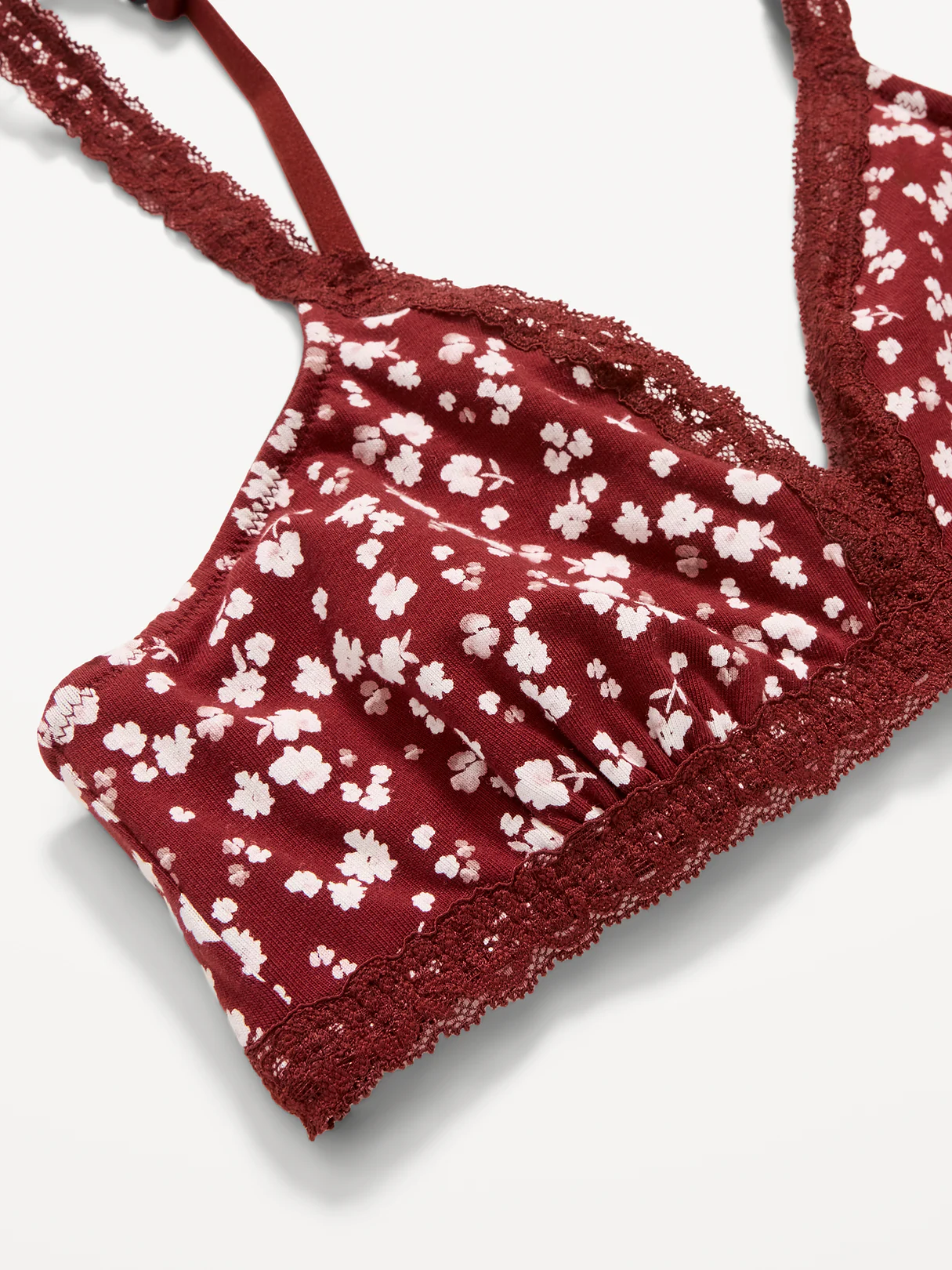 Lace-Trim Cotton Triangle Bralette - Burgundy Floral