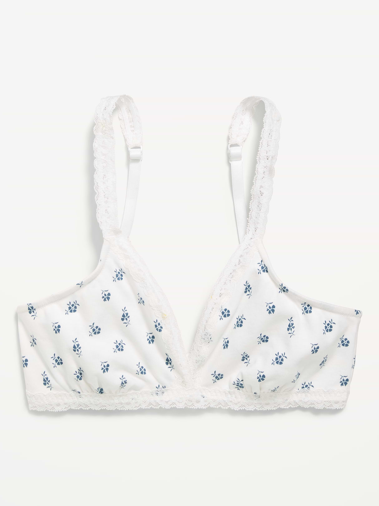 Lace-Trim Cotton Triangle Bralette - Blue Ditsy Floral