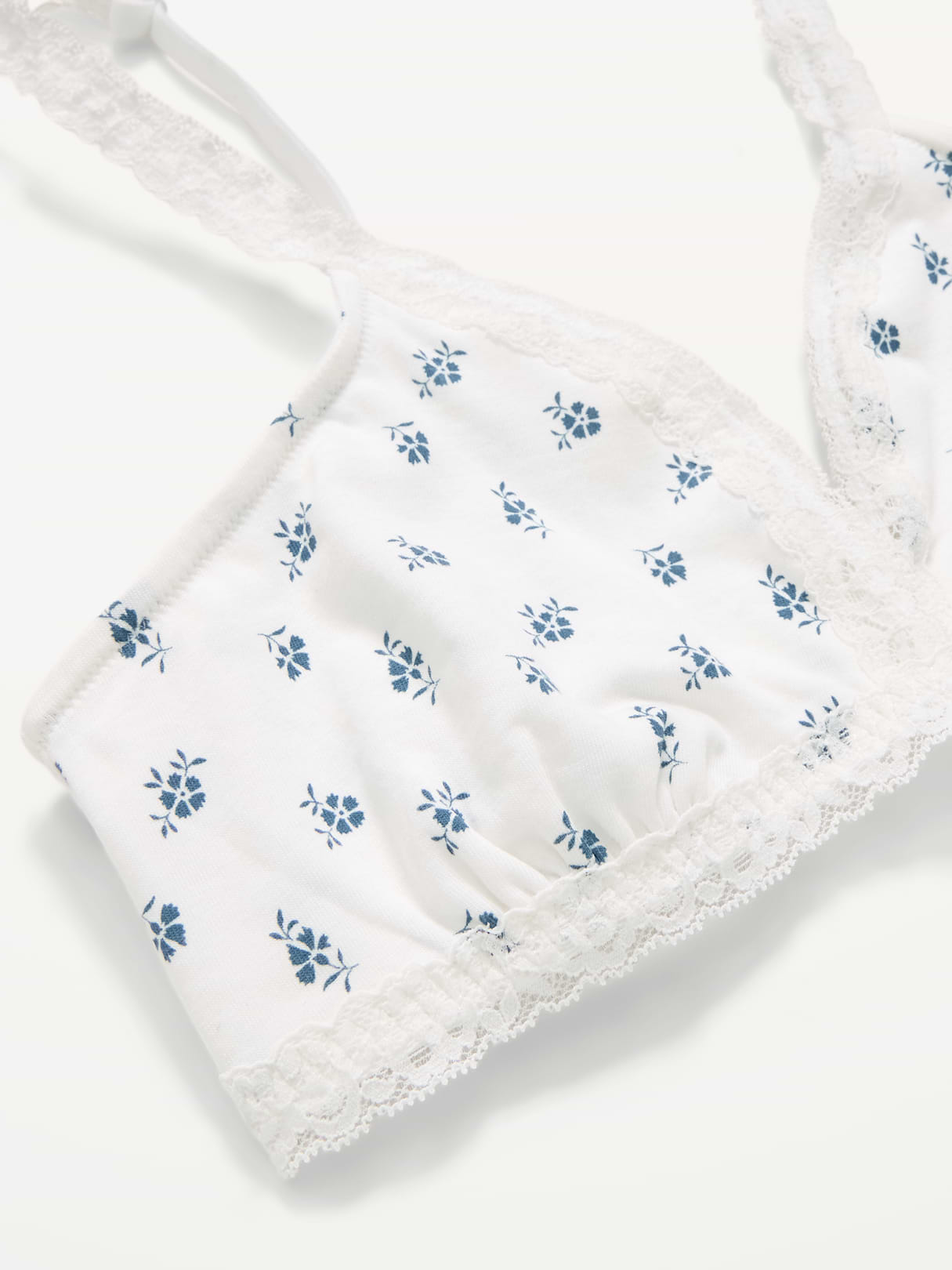 Lace-Trim Cotton Triangle Bralette - Blue Ditsy Floral