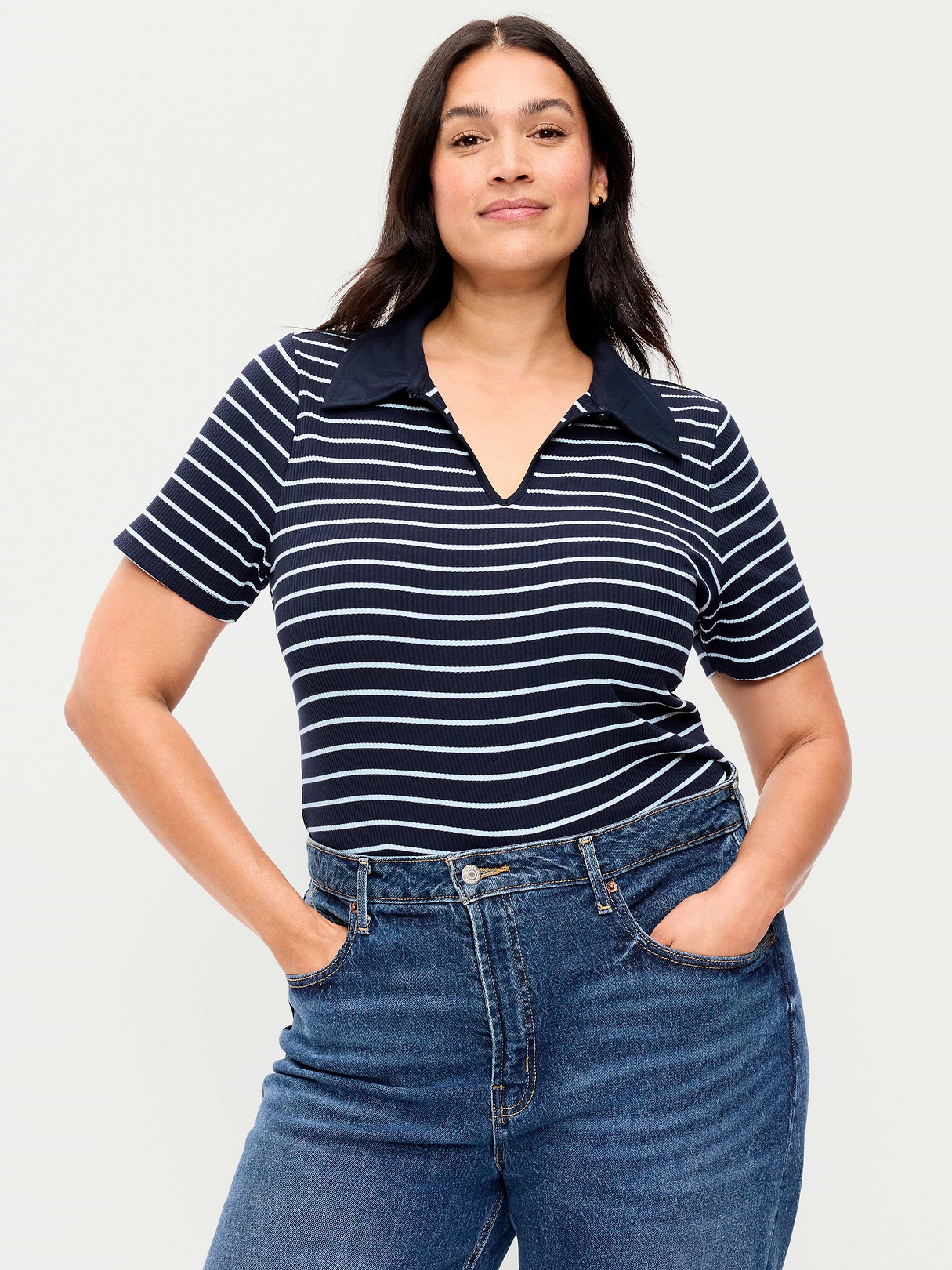 Keyhole Polo Top - White Stripe