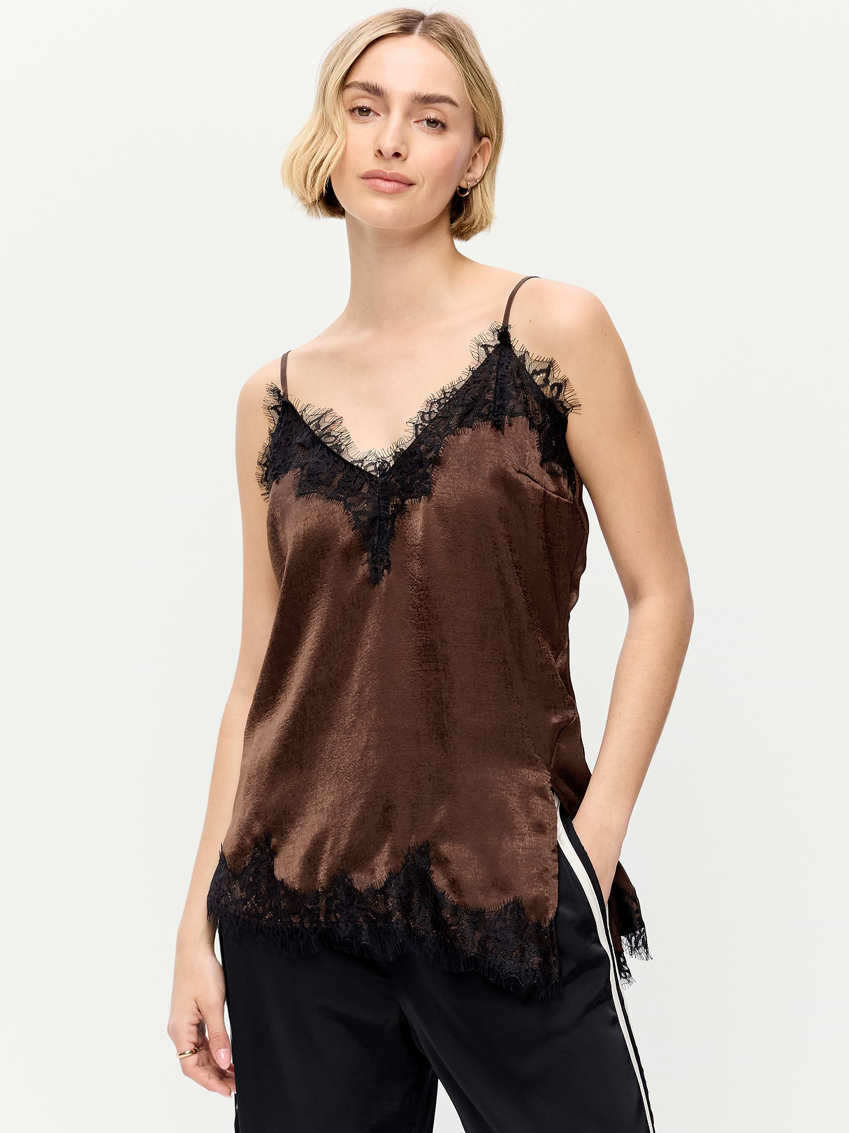 Asymmetrical Lace-Trim Cami Top - Earthen