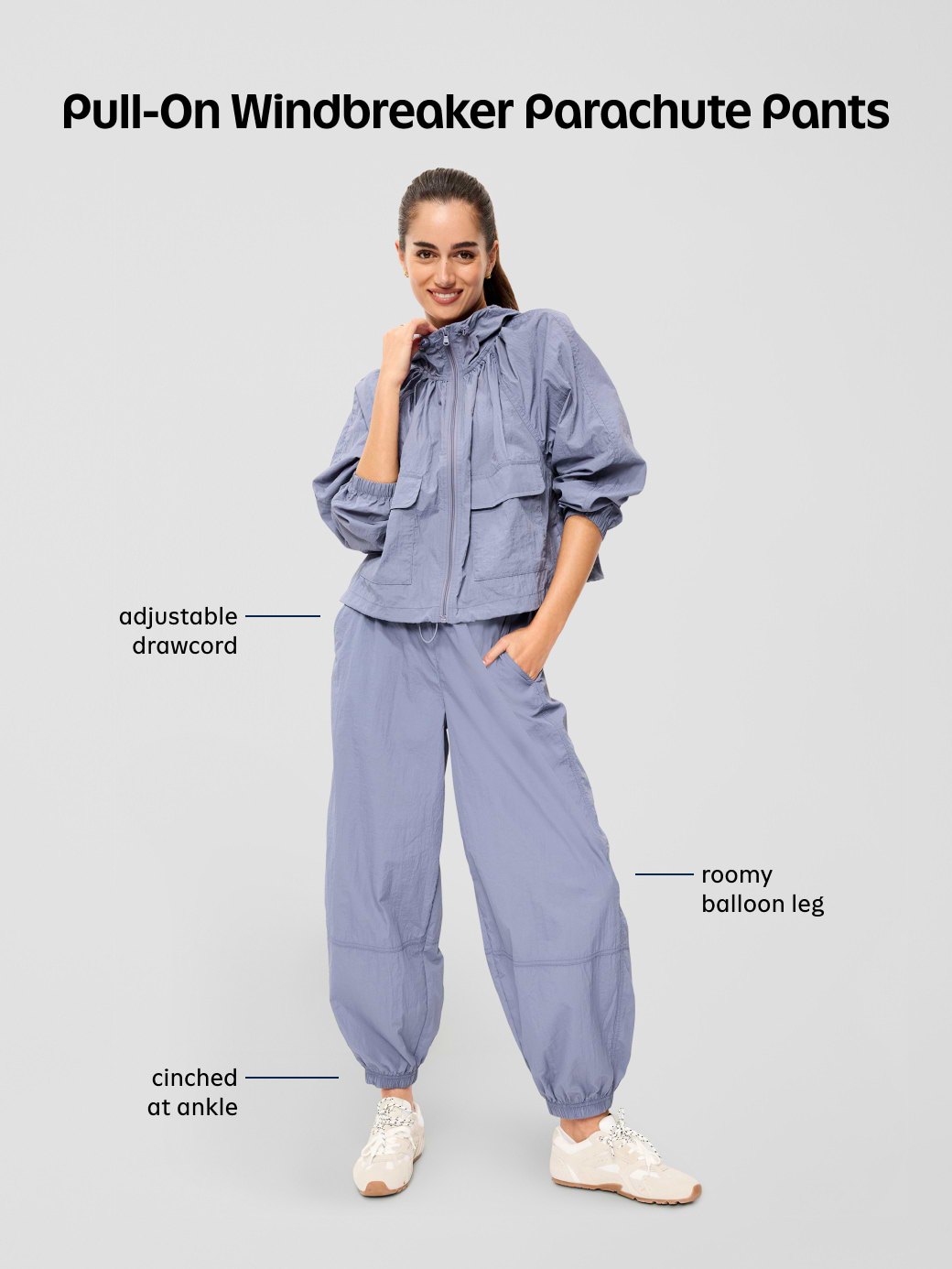 Pull-On Windbreaker Parachute Pants - Black Jack