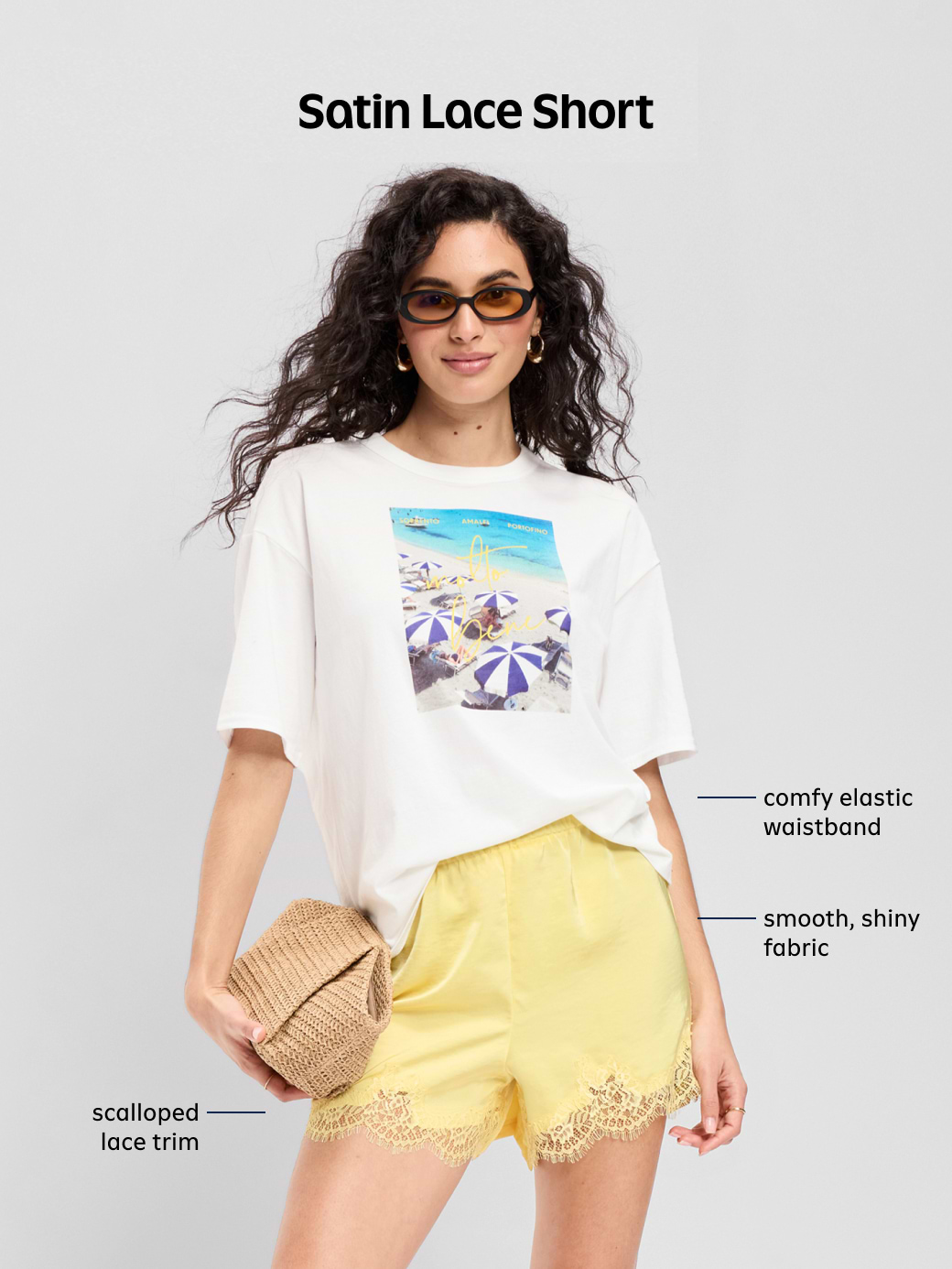 High-Waisted Lace-Trim Satin Shorts - Champagne