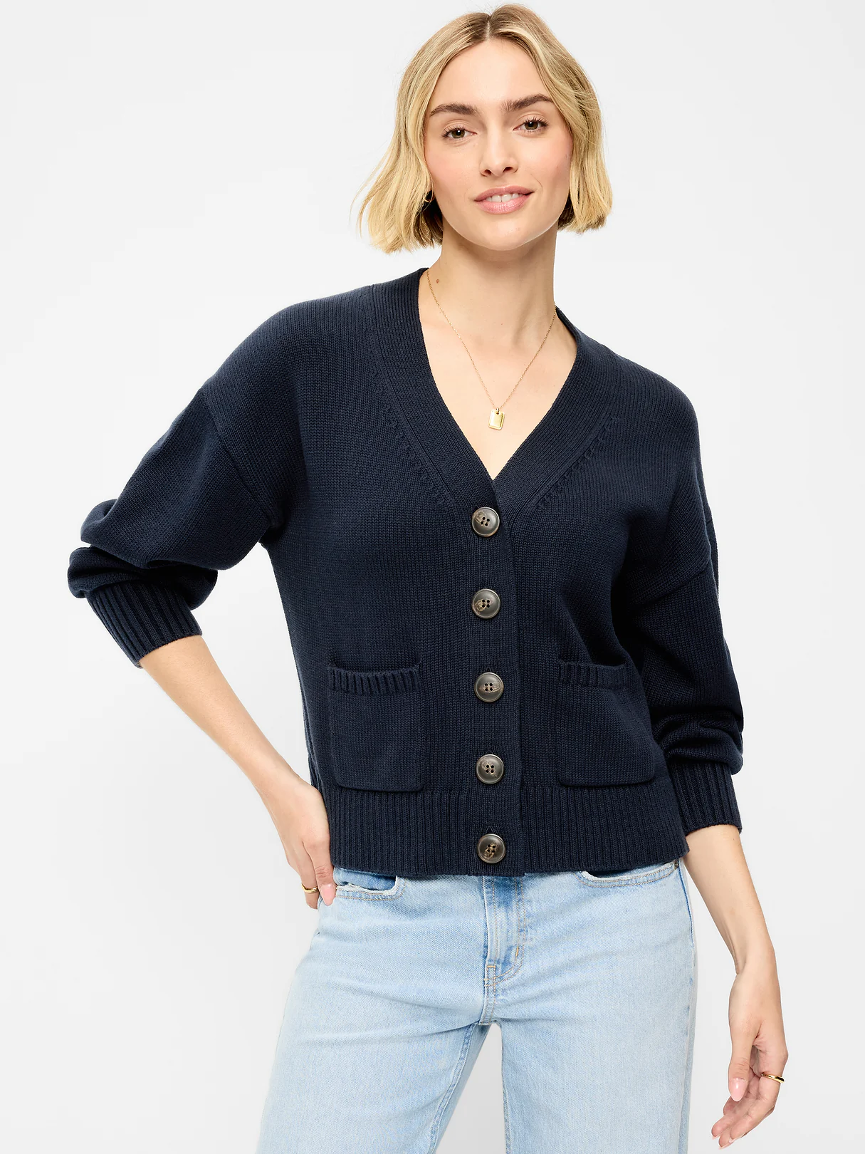 Seaside Cotton V-Neck Cardigan Sweater - In the Navy