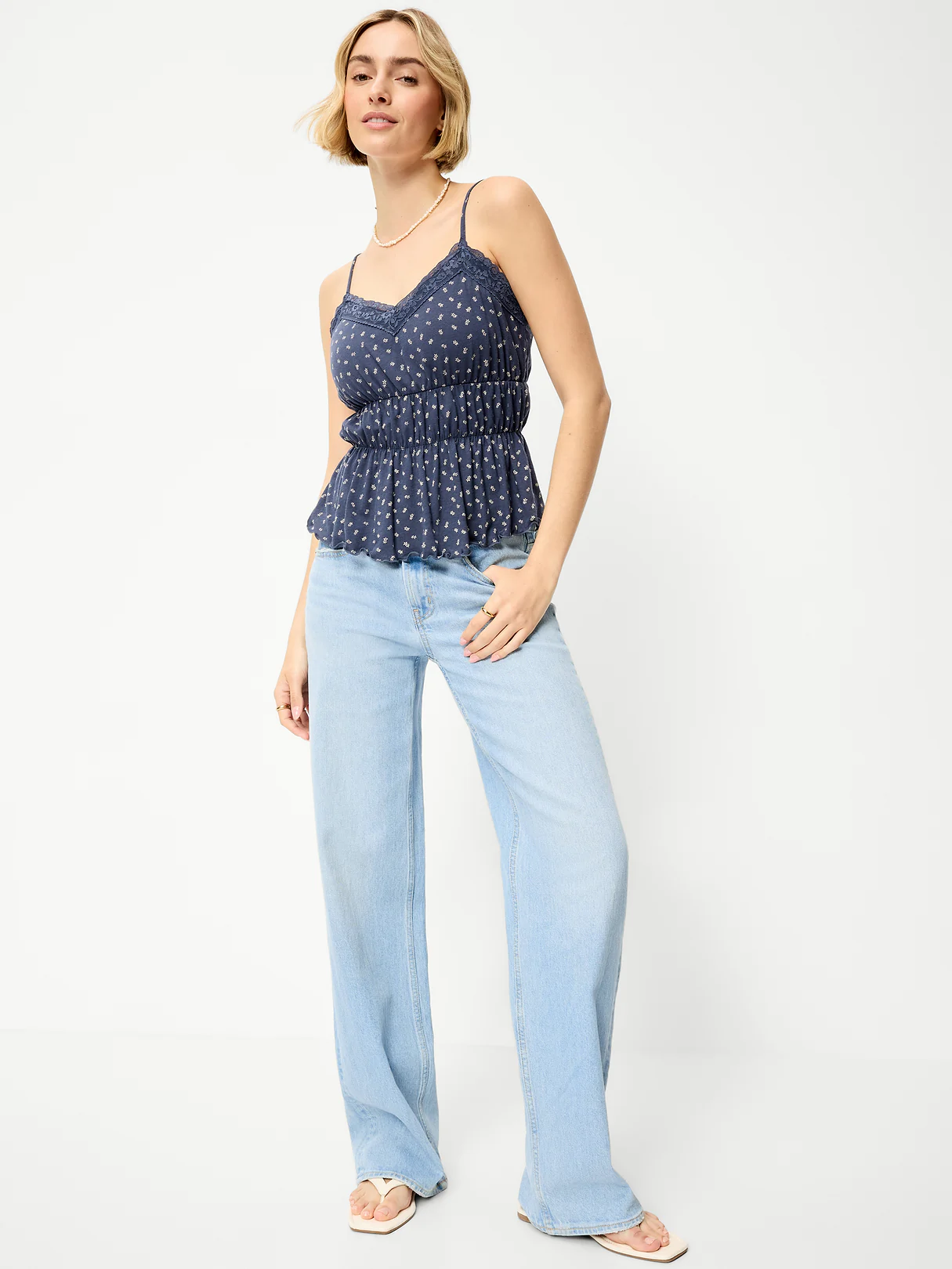 Lace-Trim Smocked-Waist Tank Top - Blue Floral