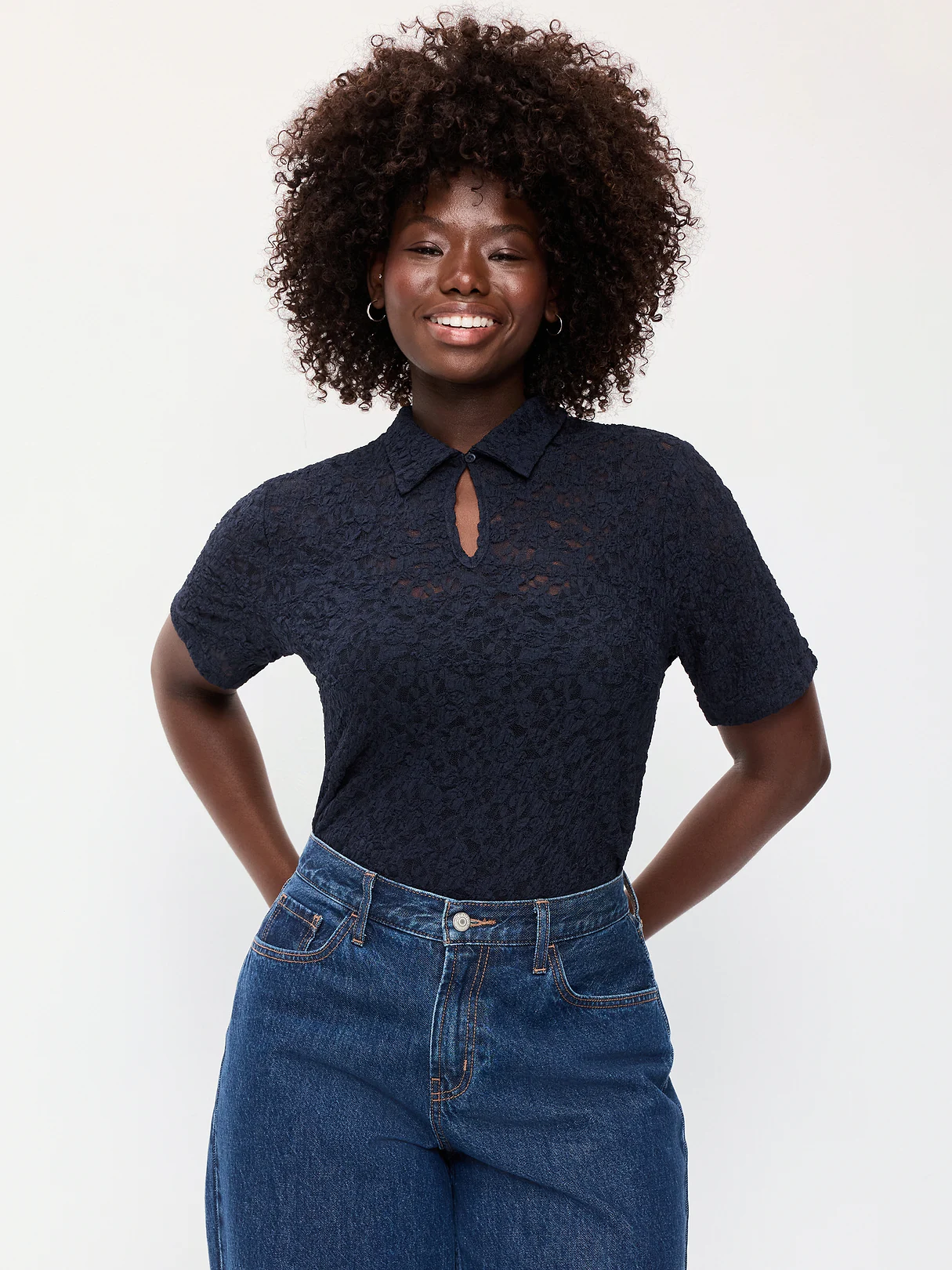 Lace Keyhole Polo Top - In the Navy