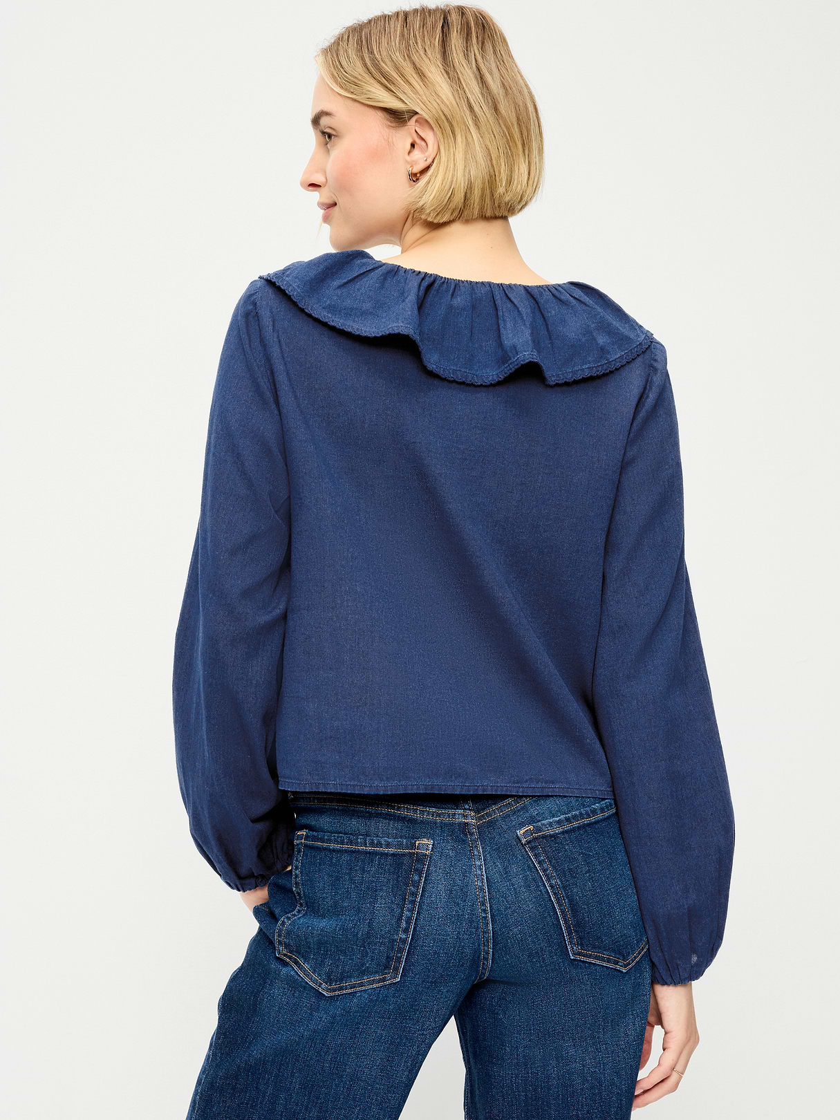 Long-Sleeve Ruffle Tie-Neck Top - Medium Wash