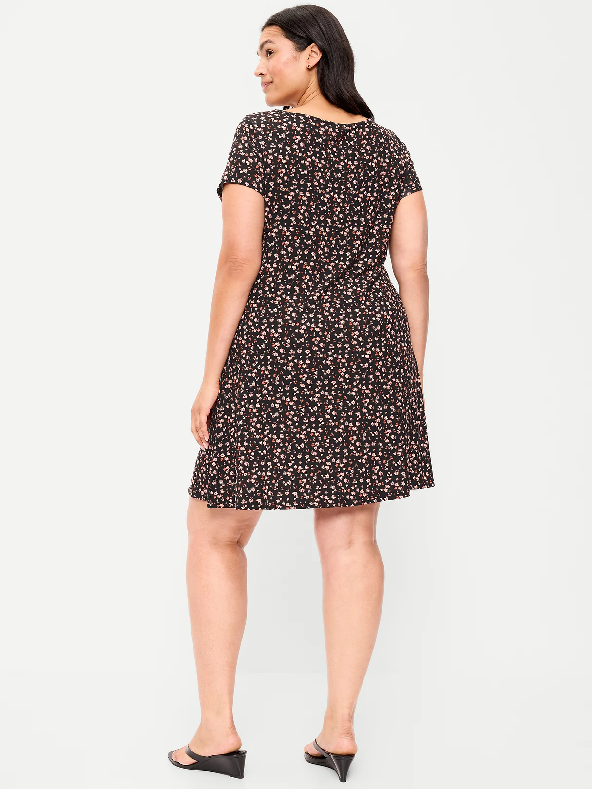 Short-Sleeve Mini Swing Dress - Black Ditsy Floral