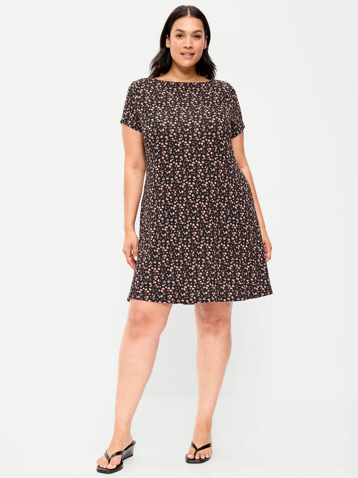 Short-Sleeve Mini Swing Dress - Black Ditsy Floral