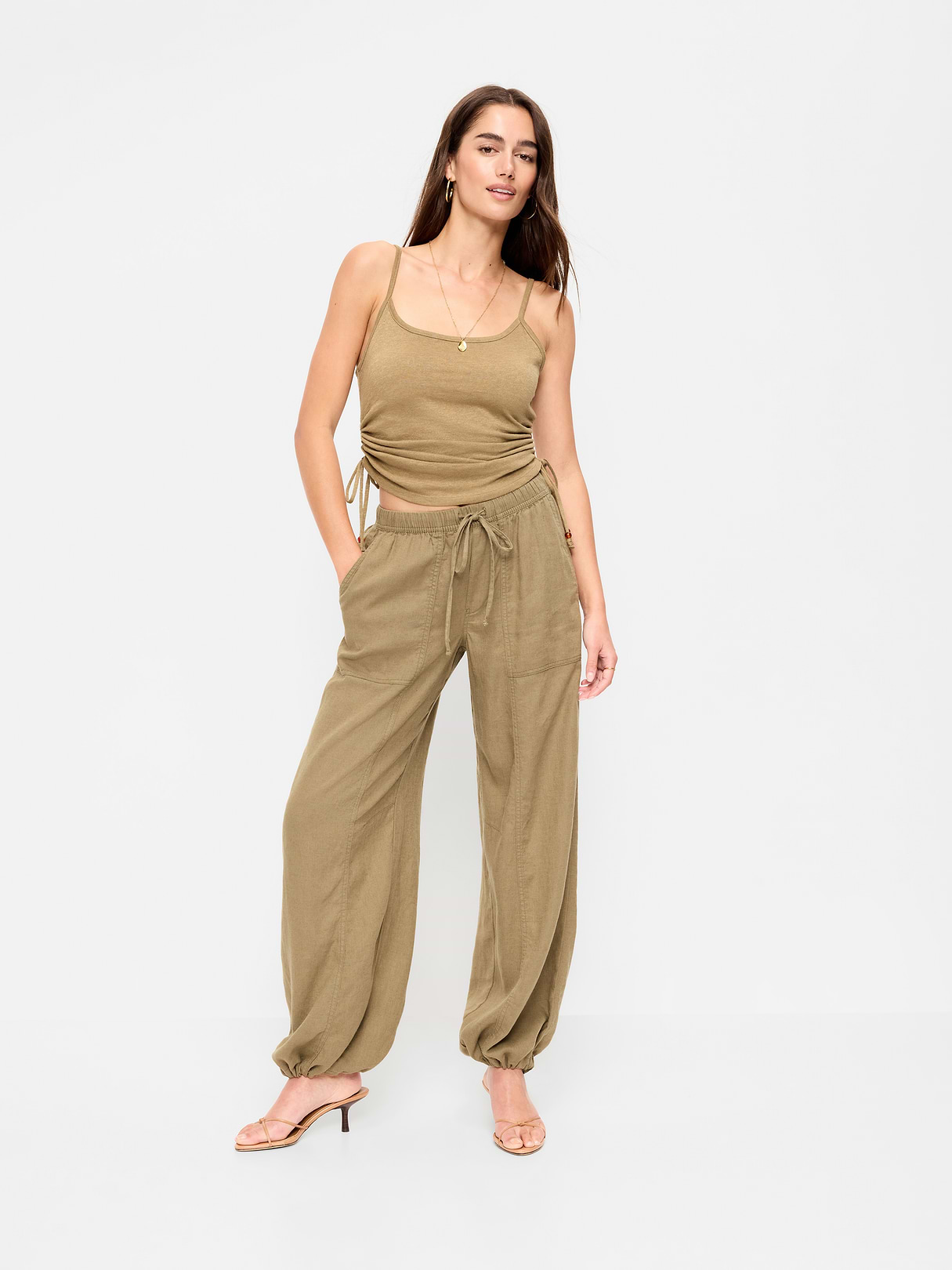 Mid-Rise Linen-Blend Cinched-Ankle Pants - Dried Grasses