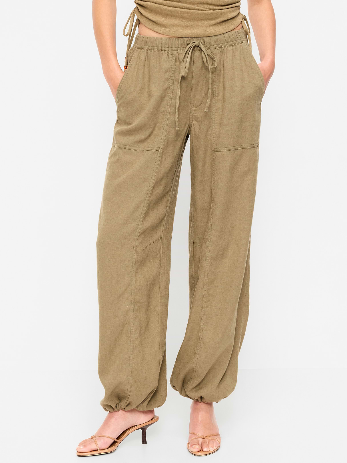Mid-Rise Linen-Blend Cinched-Ankle Pants - Dried Grasses