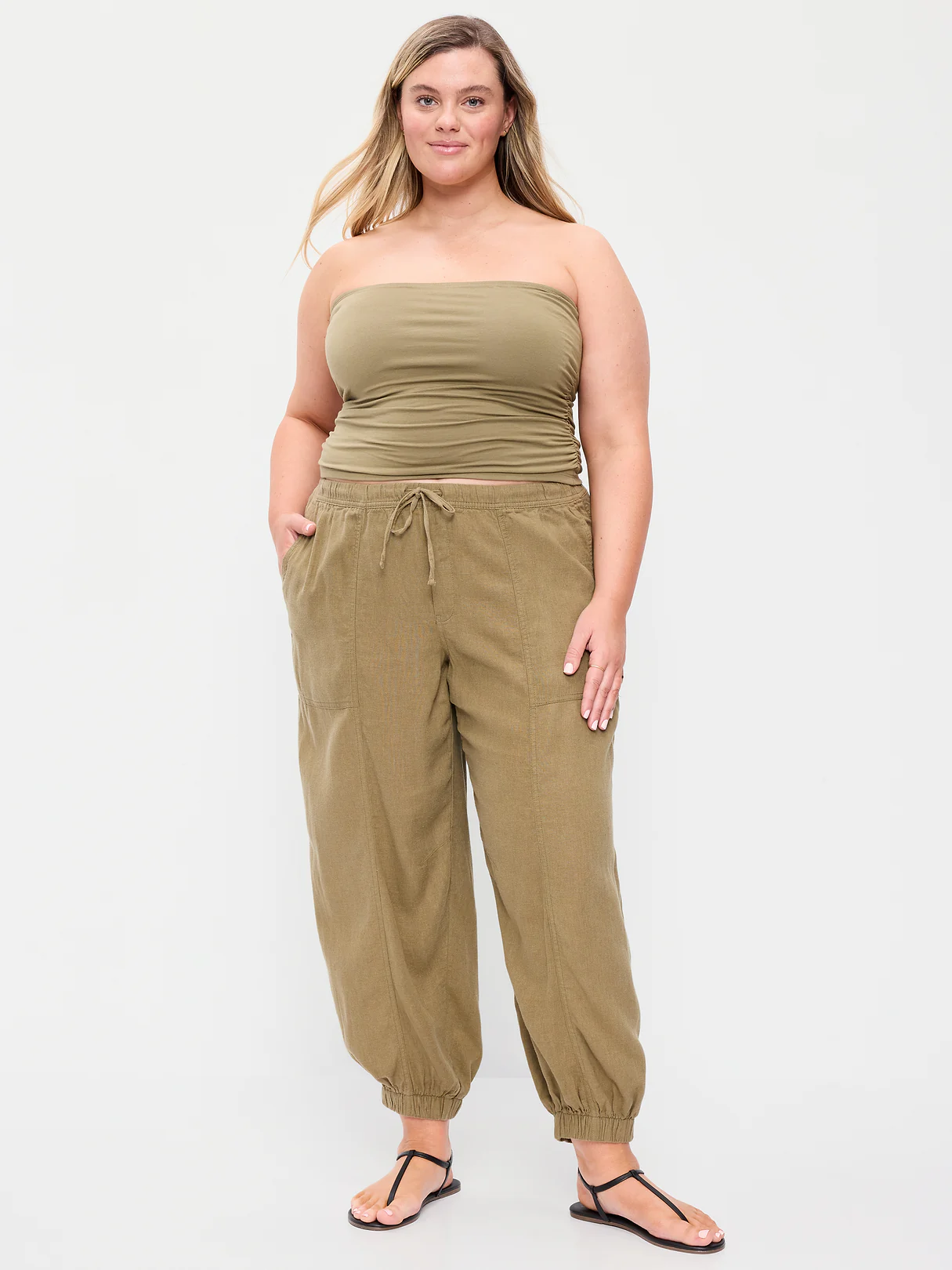Mid-Rise Linen-Blend Cinched-Ankle Pants - Dried Grasses