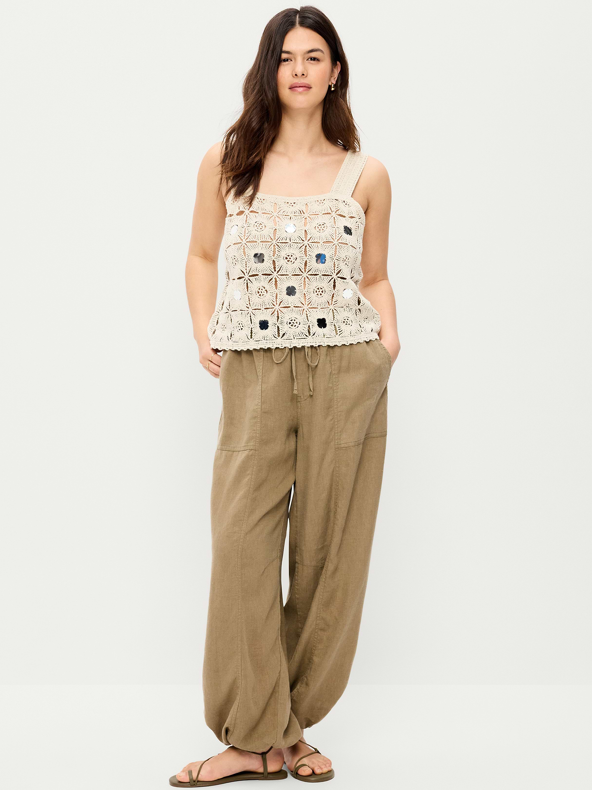 Mid-Rise Linen-Blend Cinched-Ankle Pants - Dried Grasses