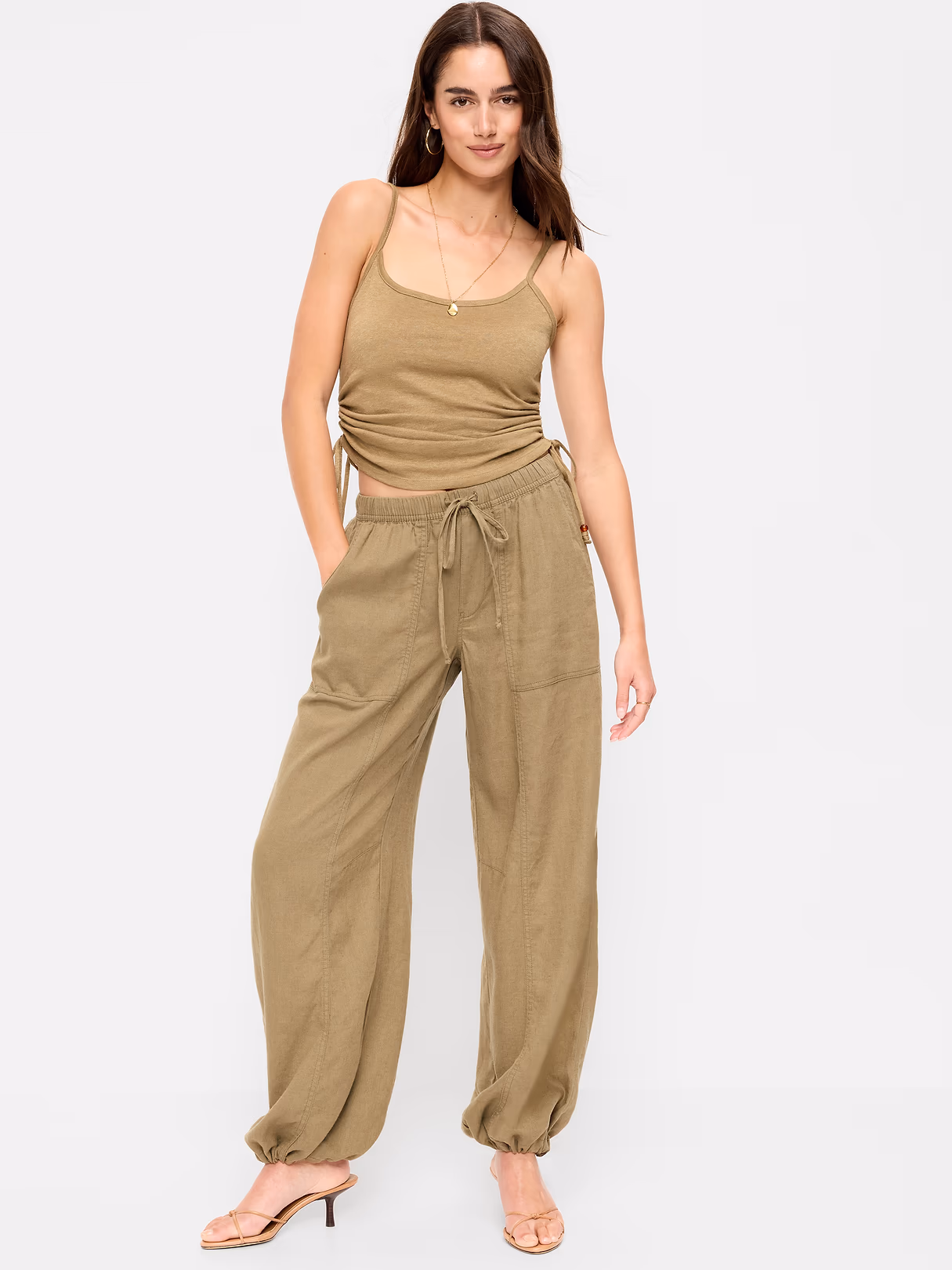 Mid-Rise Linen-Blend Cinched-Ankle Pants - Dried Grasses