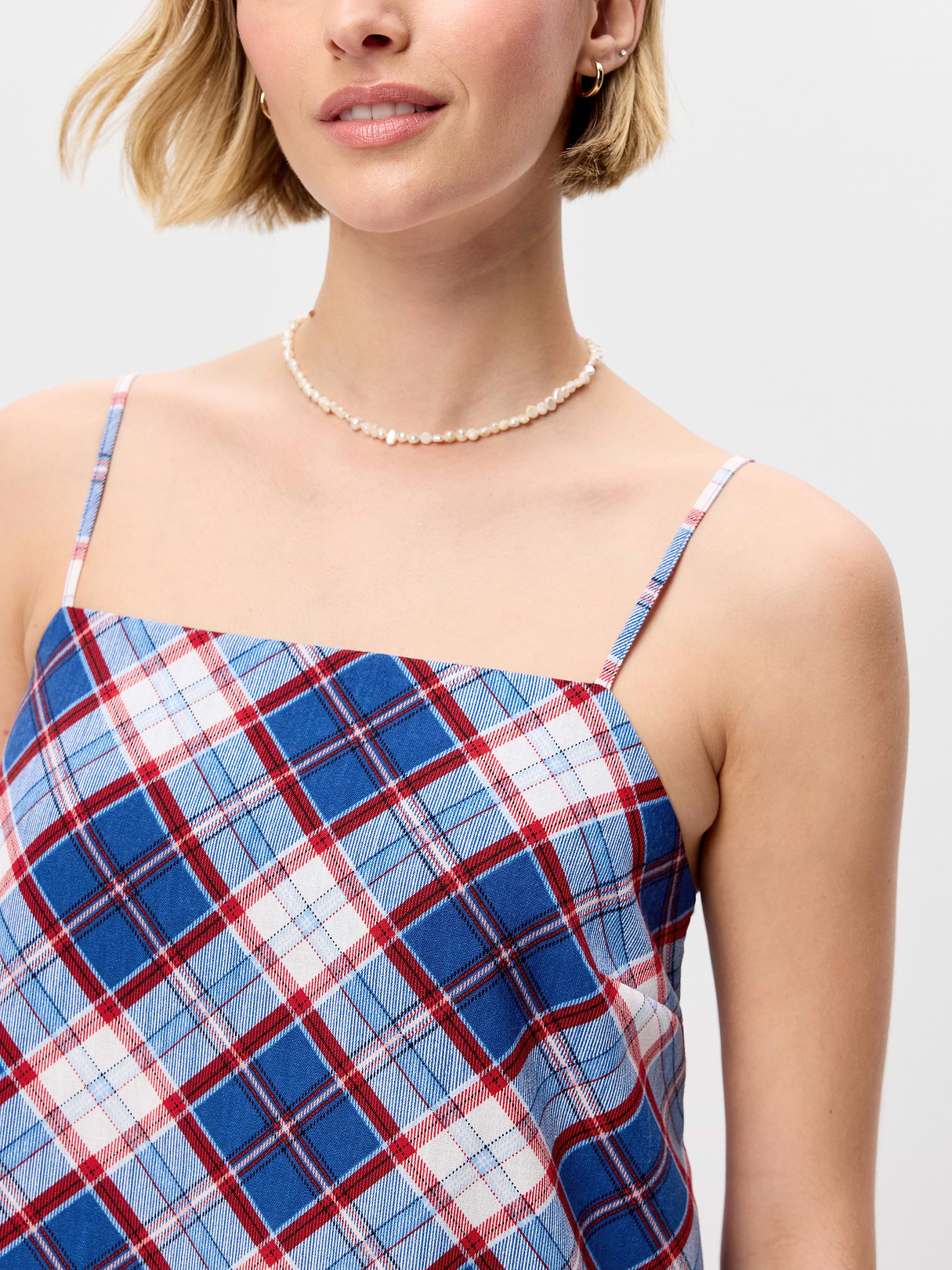 Strappy Mini Shift Dress - Blue Plaid