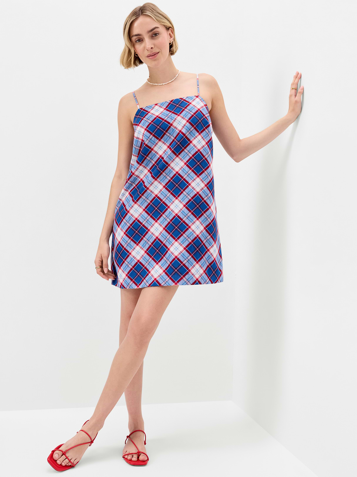 Strappy Mini Shift Dress - Blue Plaid