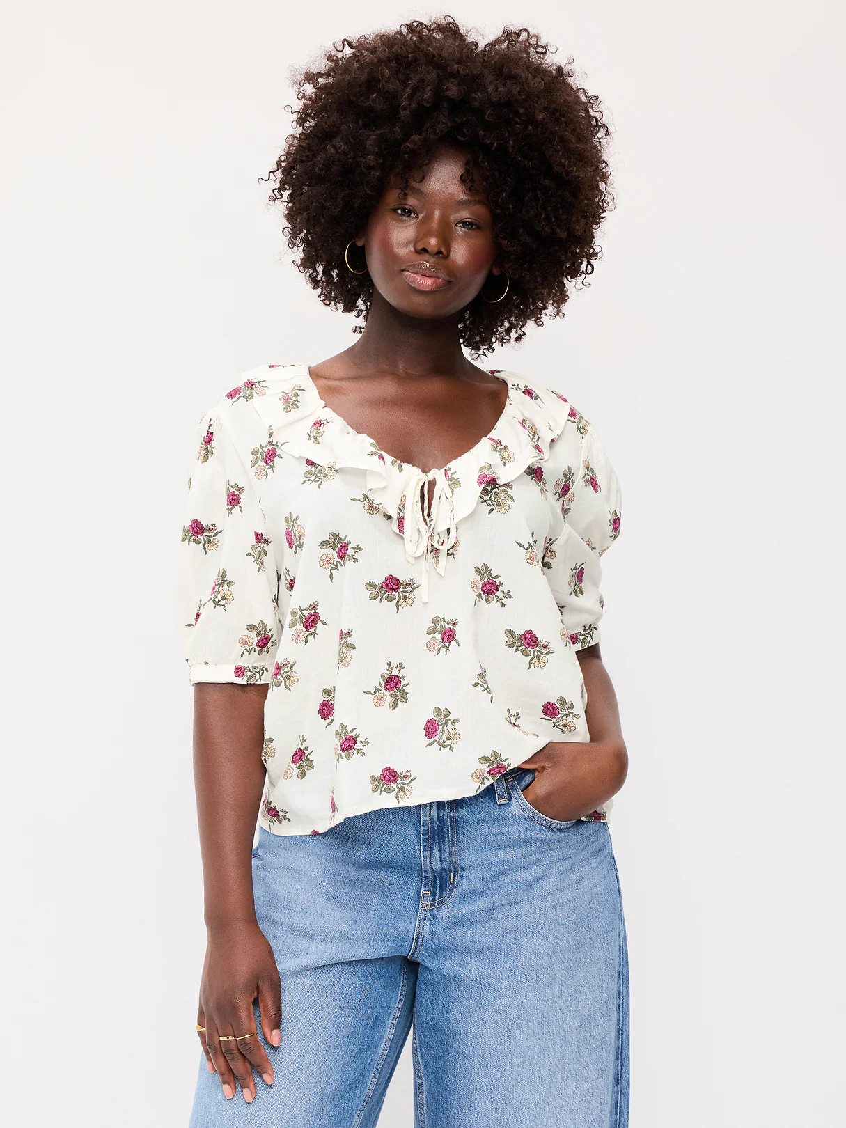 Ruffle Collar Tie-Front Top - White Floral