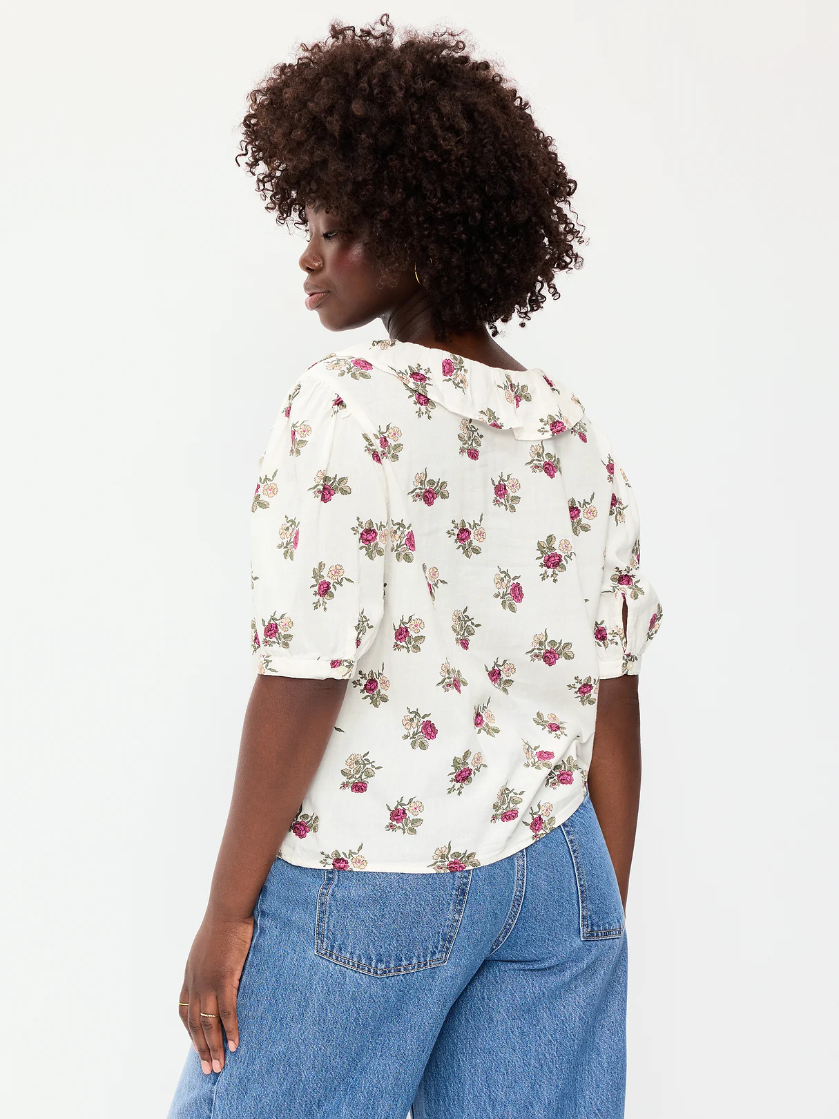 Ruffle Collar Tie-Front Top - White Floral