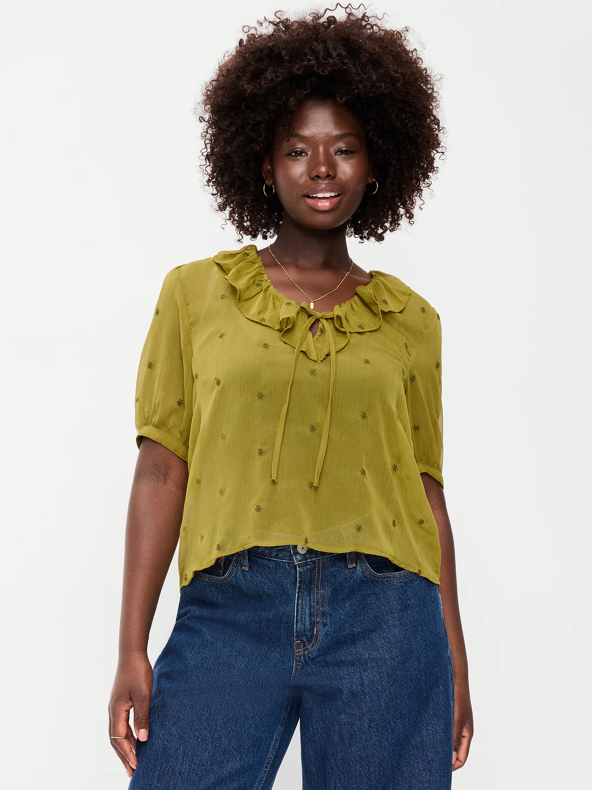 Ruffle Collar Tie-Front Top - Mysterious Fern