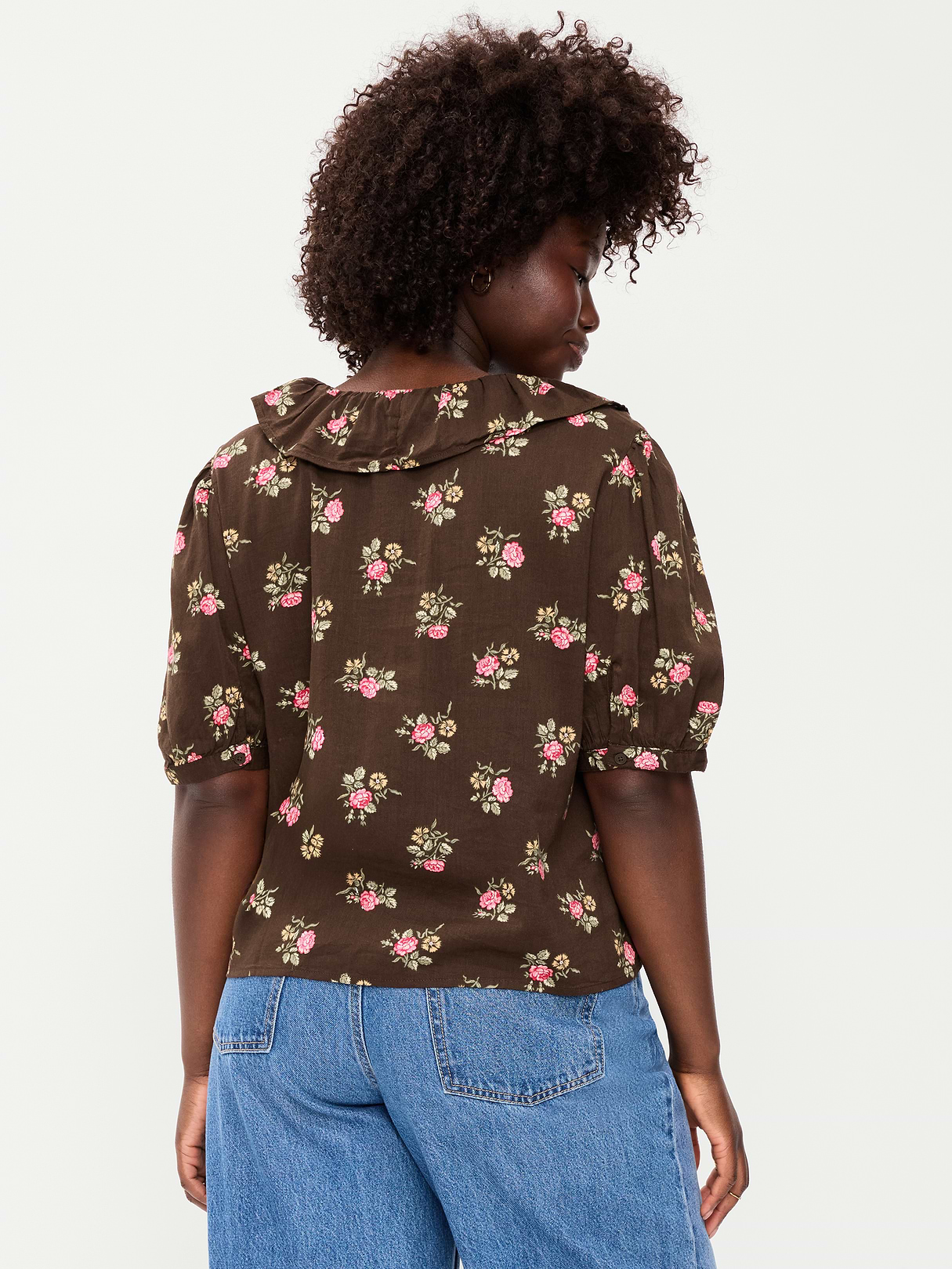 Ruffle Collar Tie-Front Top - Brown Floral