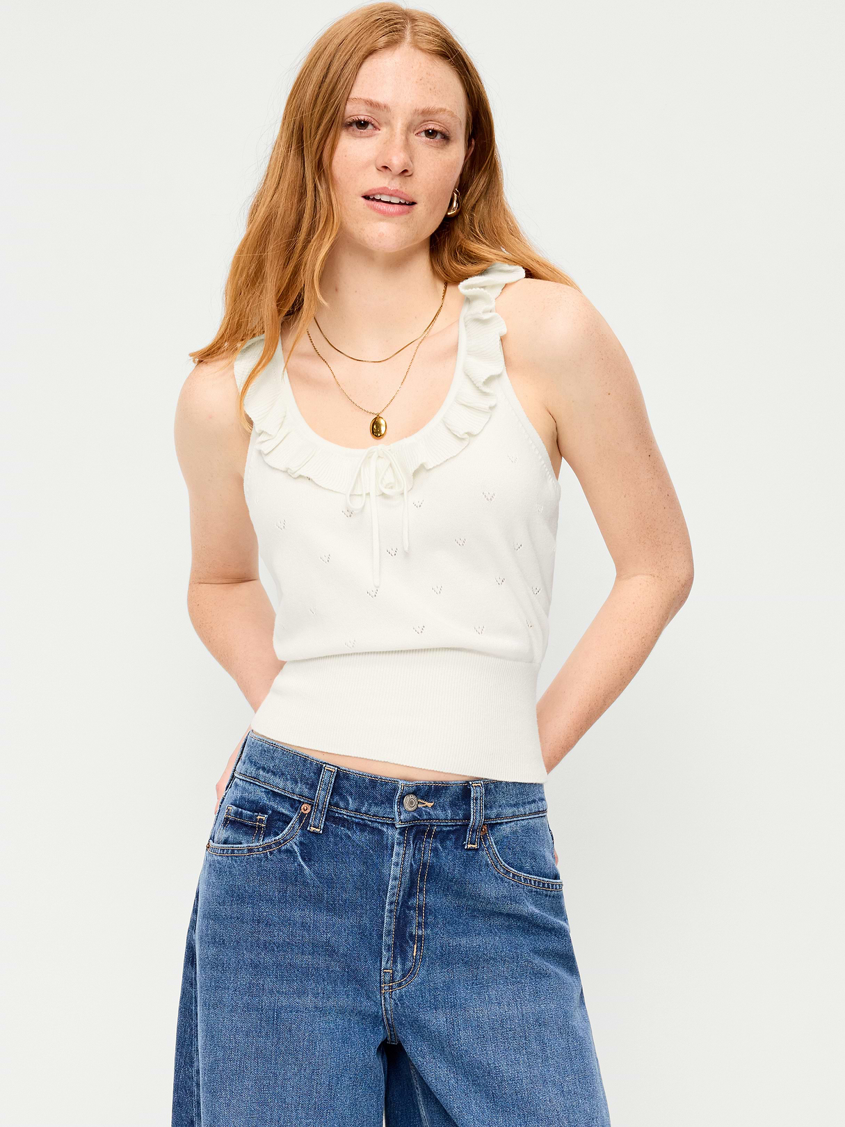 SoSoft Cotton Tie-Front Pointelle Tank Top - Creme De La Creme