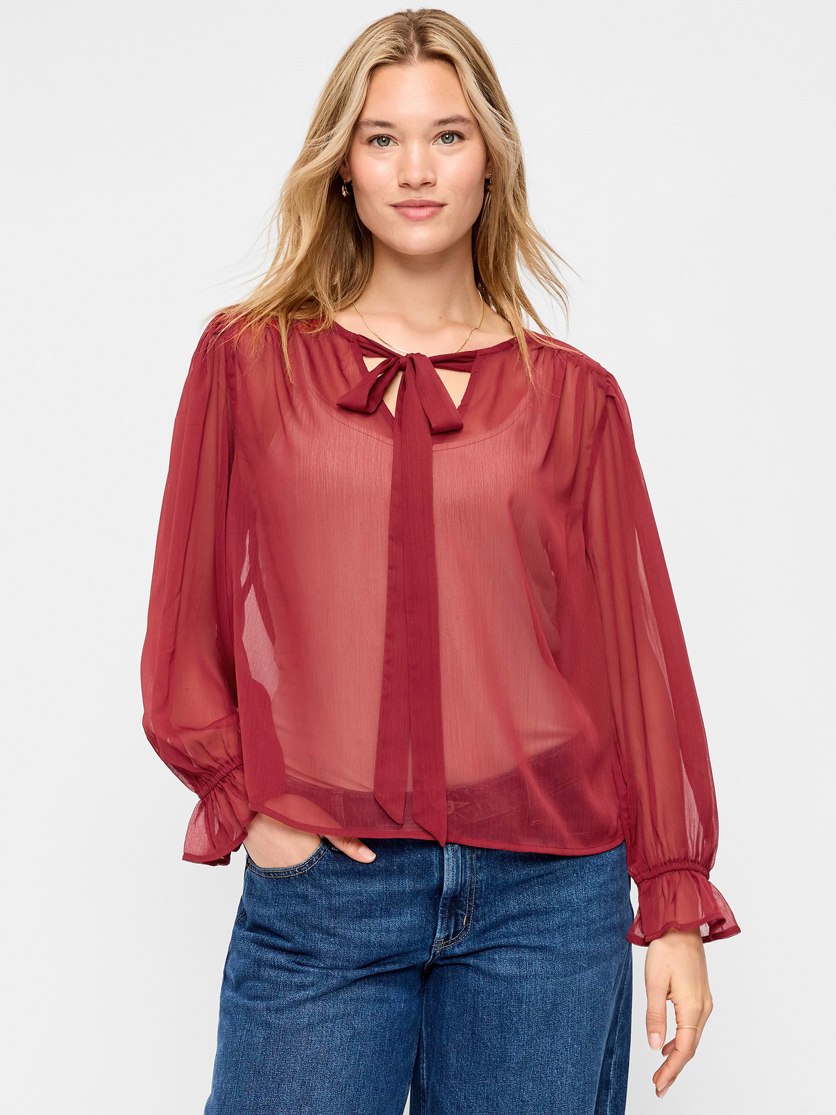 Long-Sleeve Chiffon Tie-Front Top - Emberglow