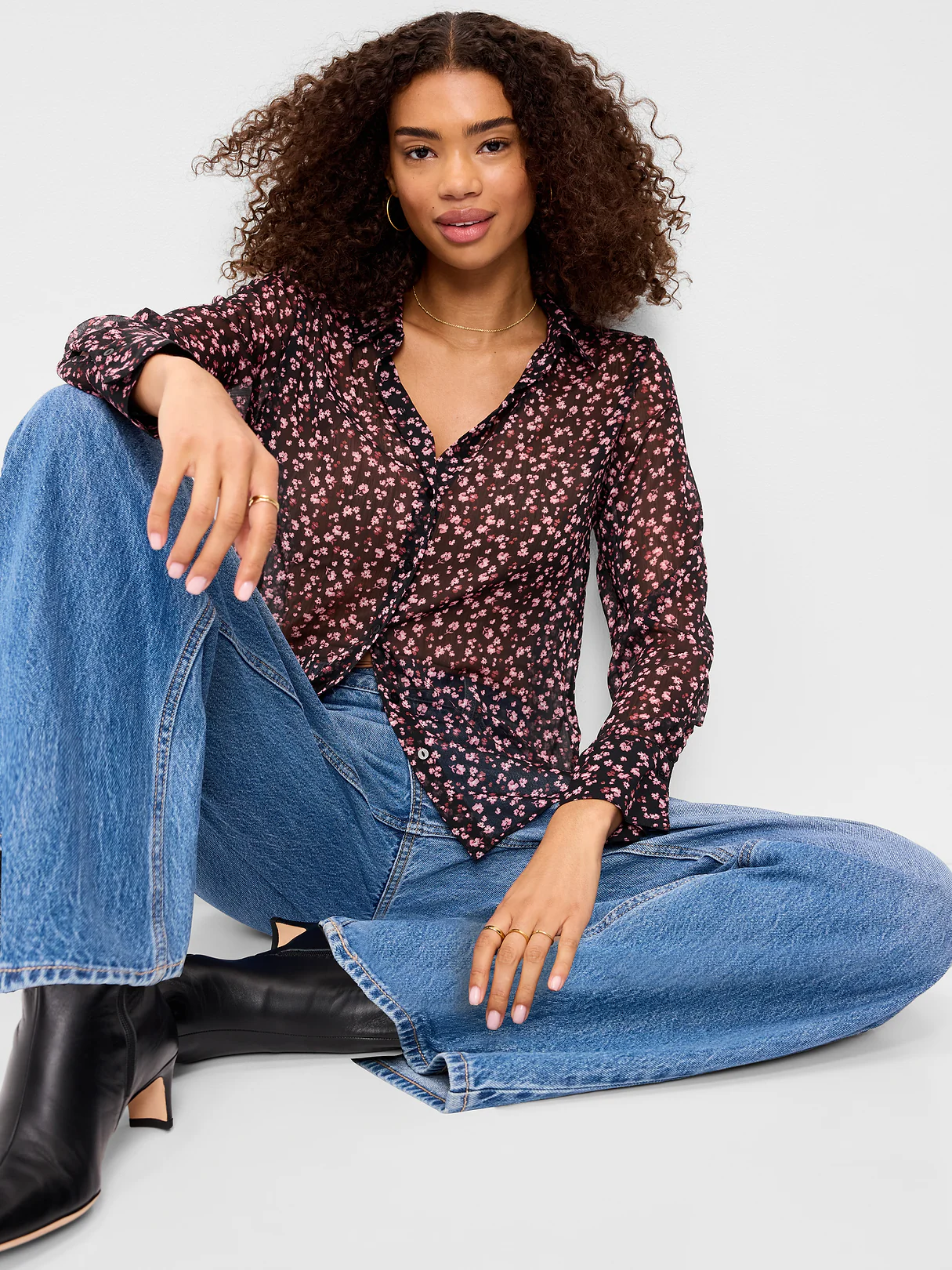 Chiffon Sheer Button-Down Shirt - Pink Floral
