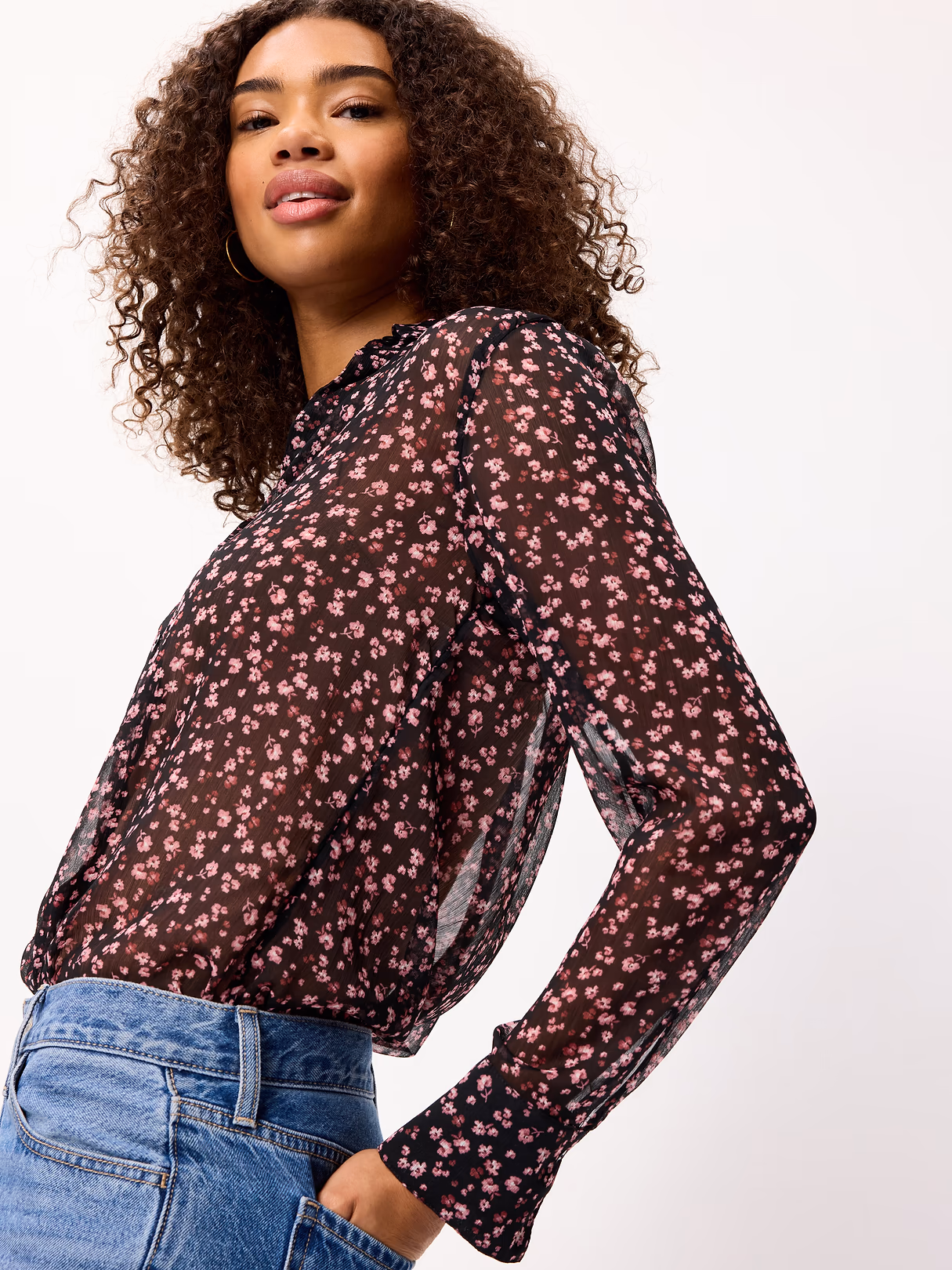 Chiffon Sheer Button-Down Shirt - Pink Floral