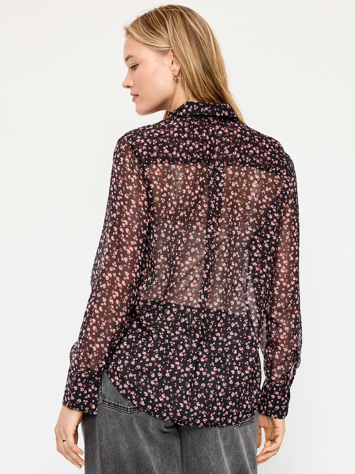Chiffon Sheer Button-Down Shirt - Pink Floral