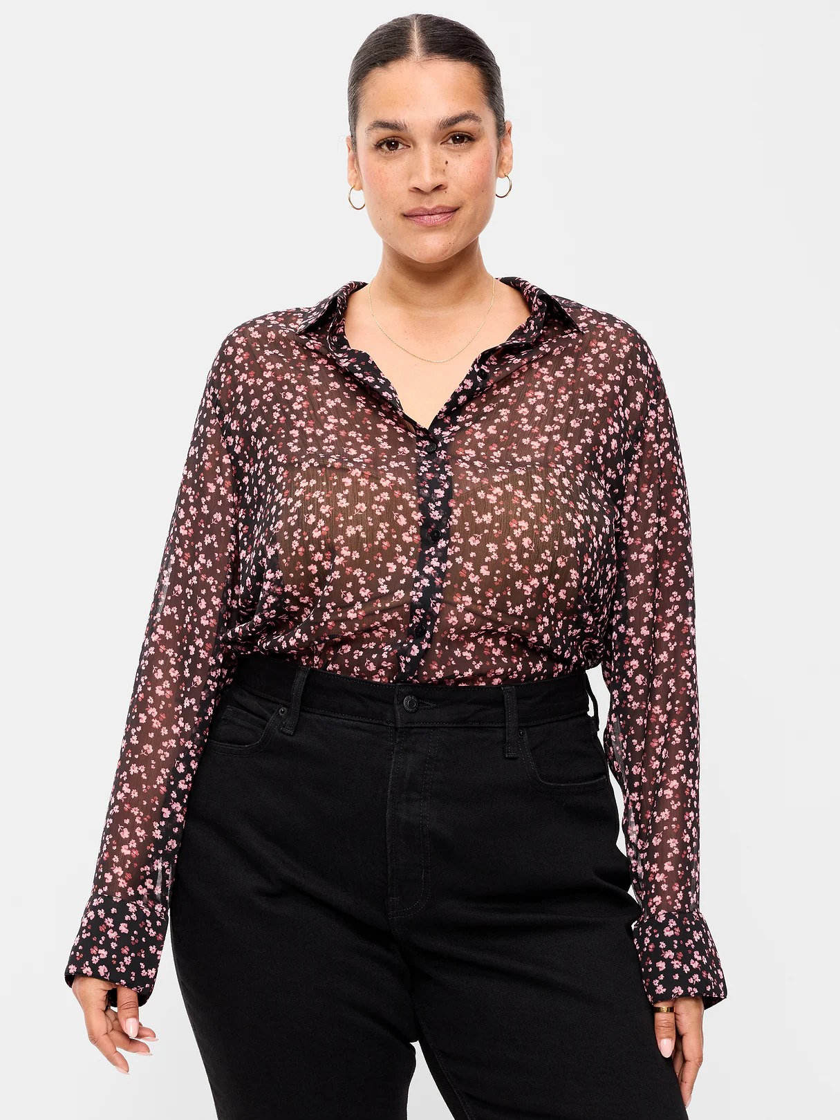 Chiffon Sheer Button-Down Shirt - Pink Floral