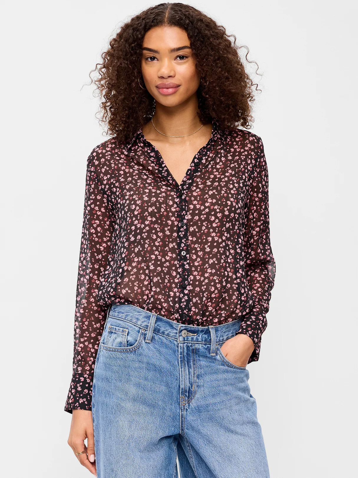 Chiffon Sheer Button-Down Shirt - Pink Floral