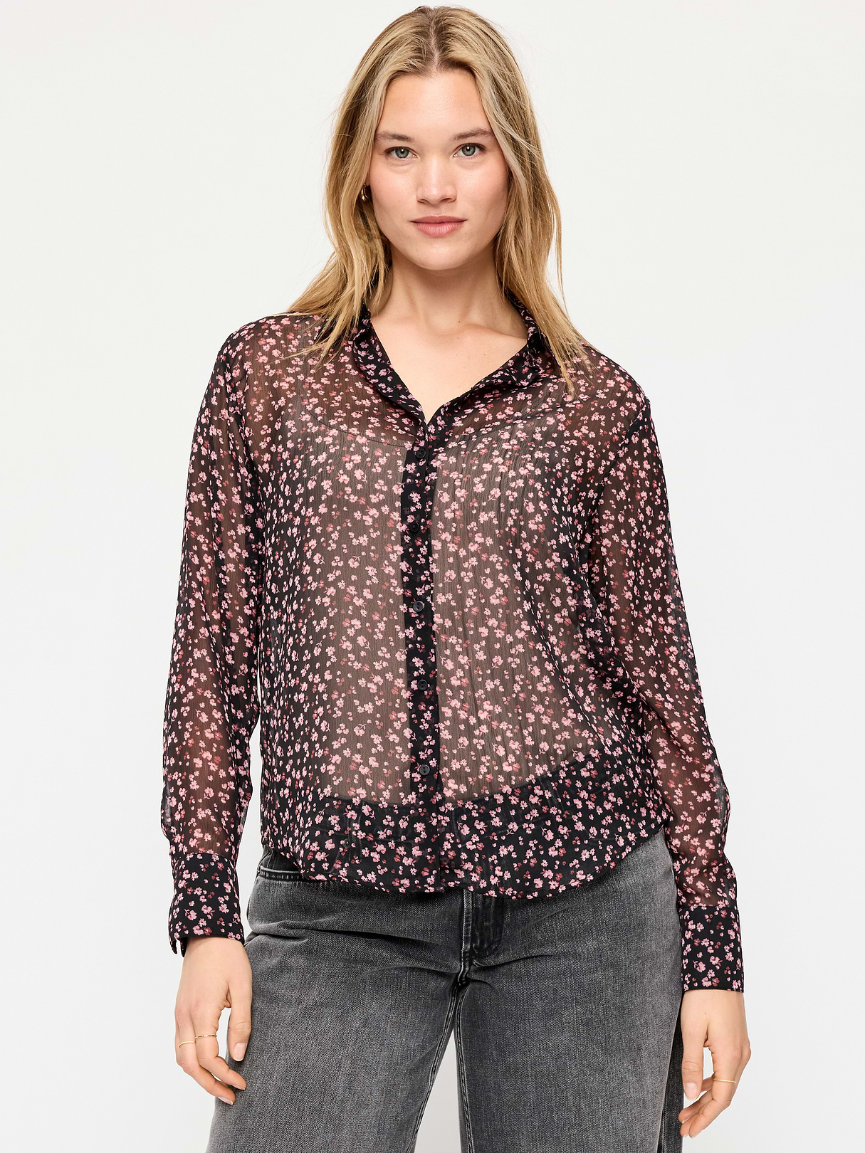 Chiffon Sheer Button-Down Shirt - Pink Floral